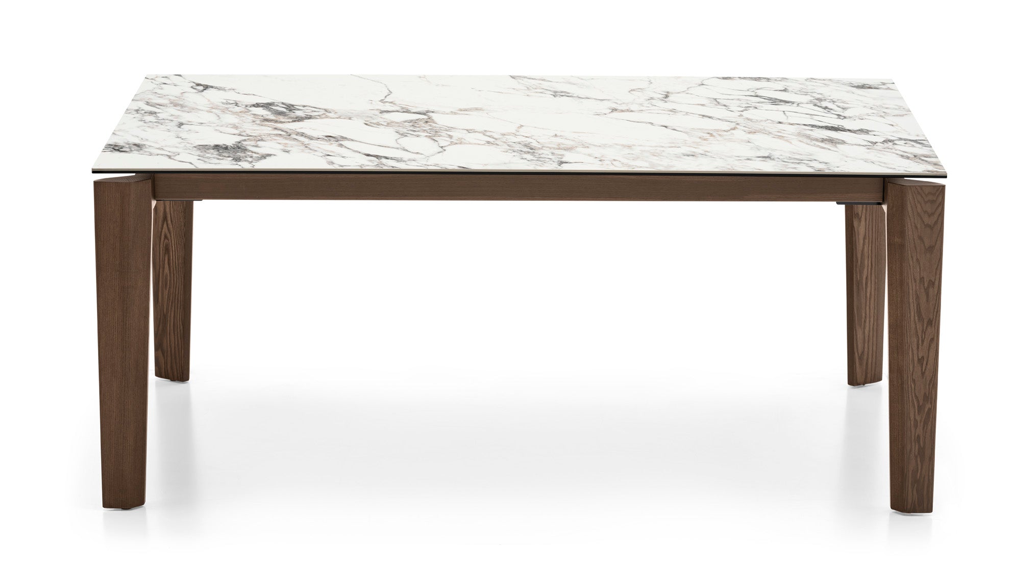 Rozkladací stôl DOGMA s bielou doskou a tmavým dreveným podstavcom