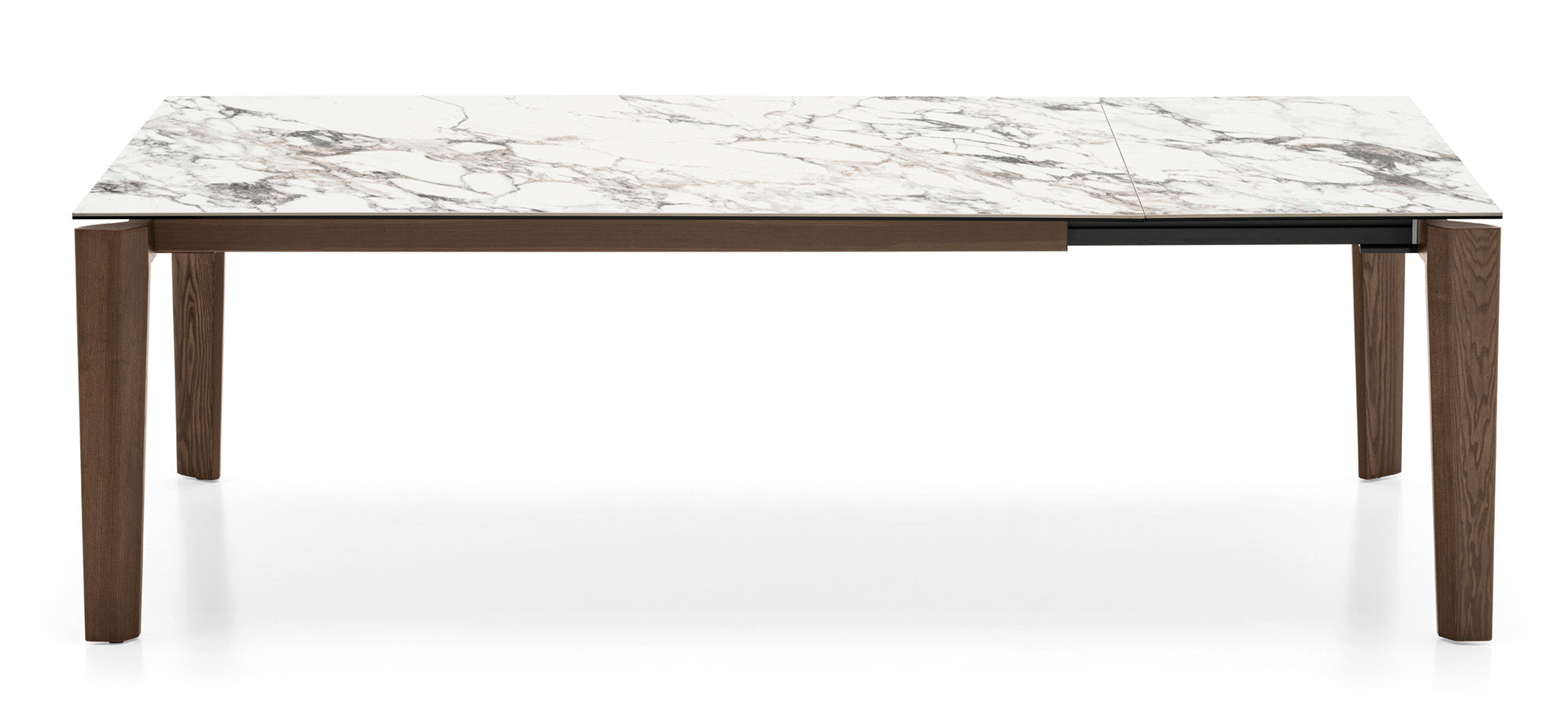 Rozkladací stôl DOGMA s bielou doskou a tmavým dreveným podstavcom