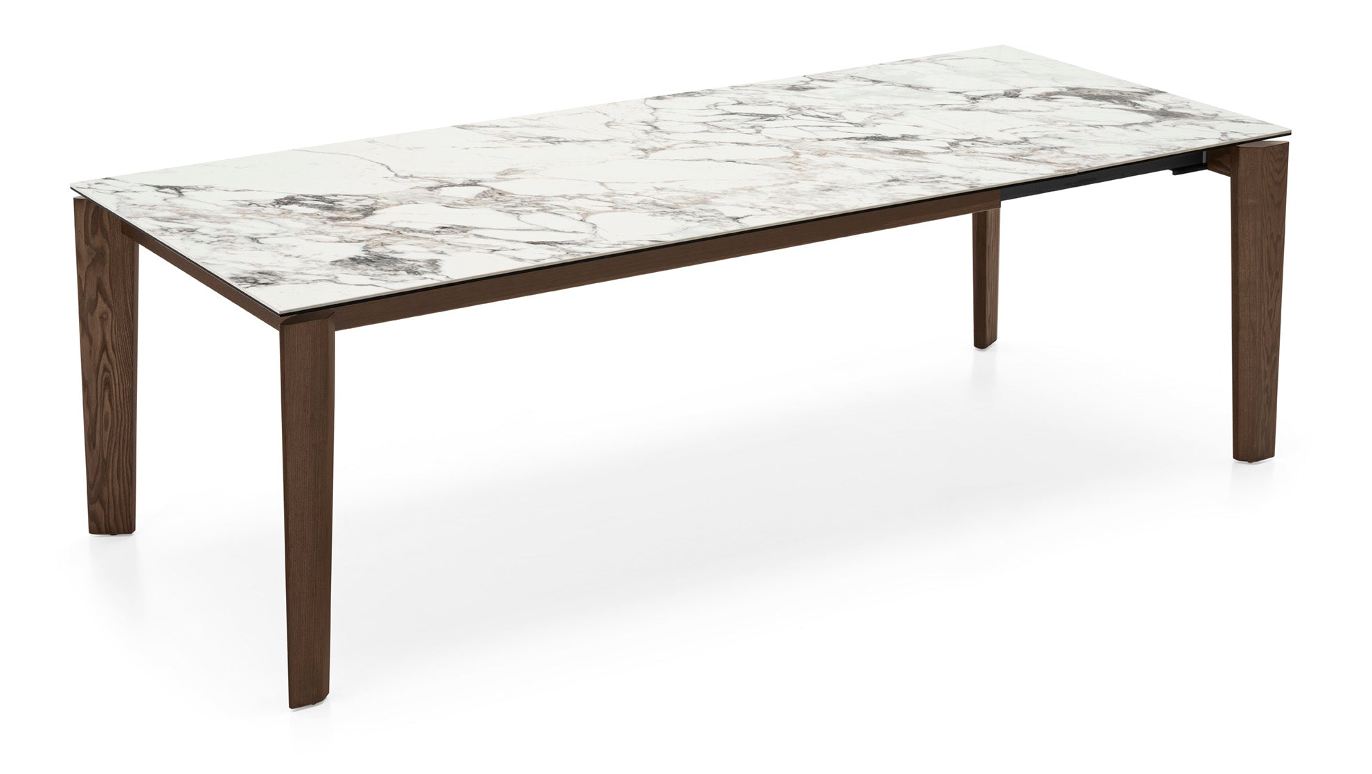 Rozkladací stôl DOGMA s bielou doskou a tmavým dreveným podstavcom