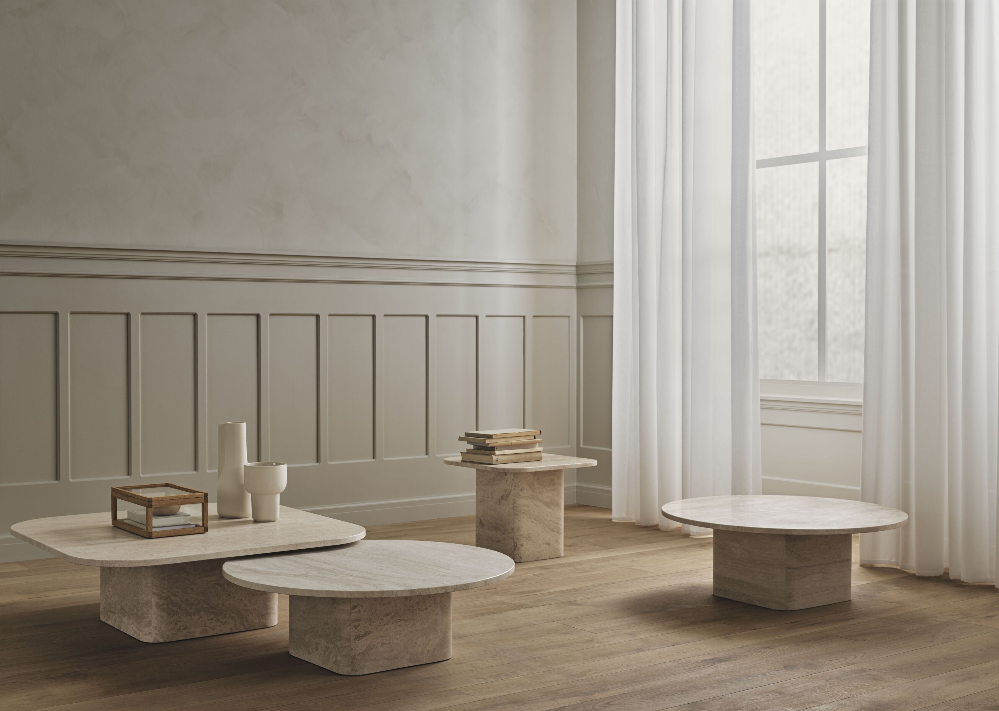 Kulatý konferenčný stolík EIDA pieskový travertín