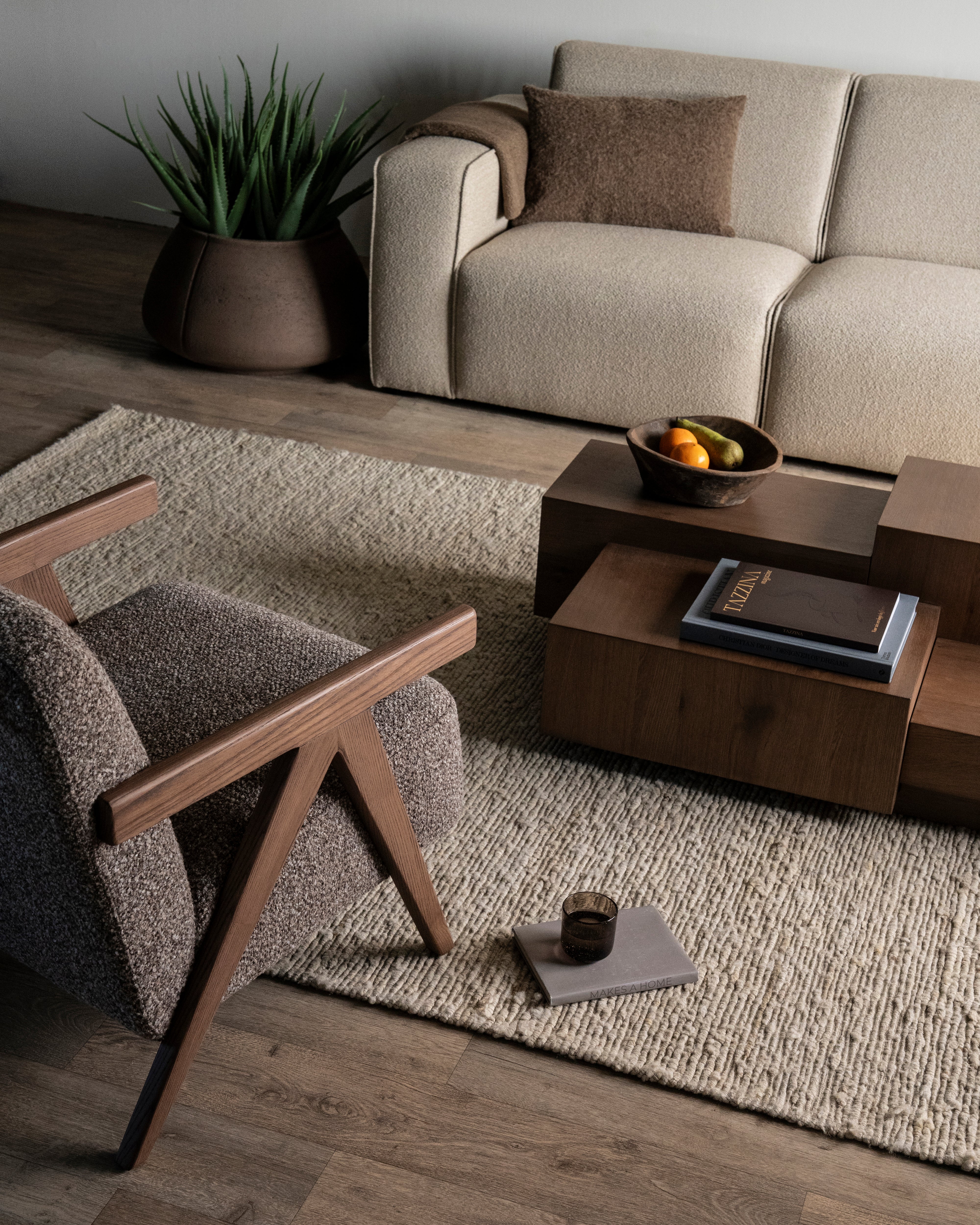 FRANCIS Armchair in Dark Beige with Wooden Base