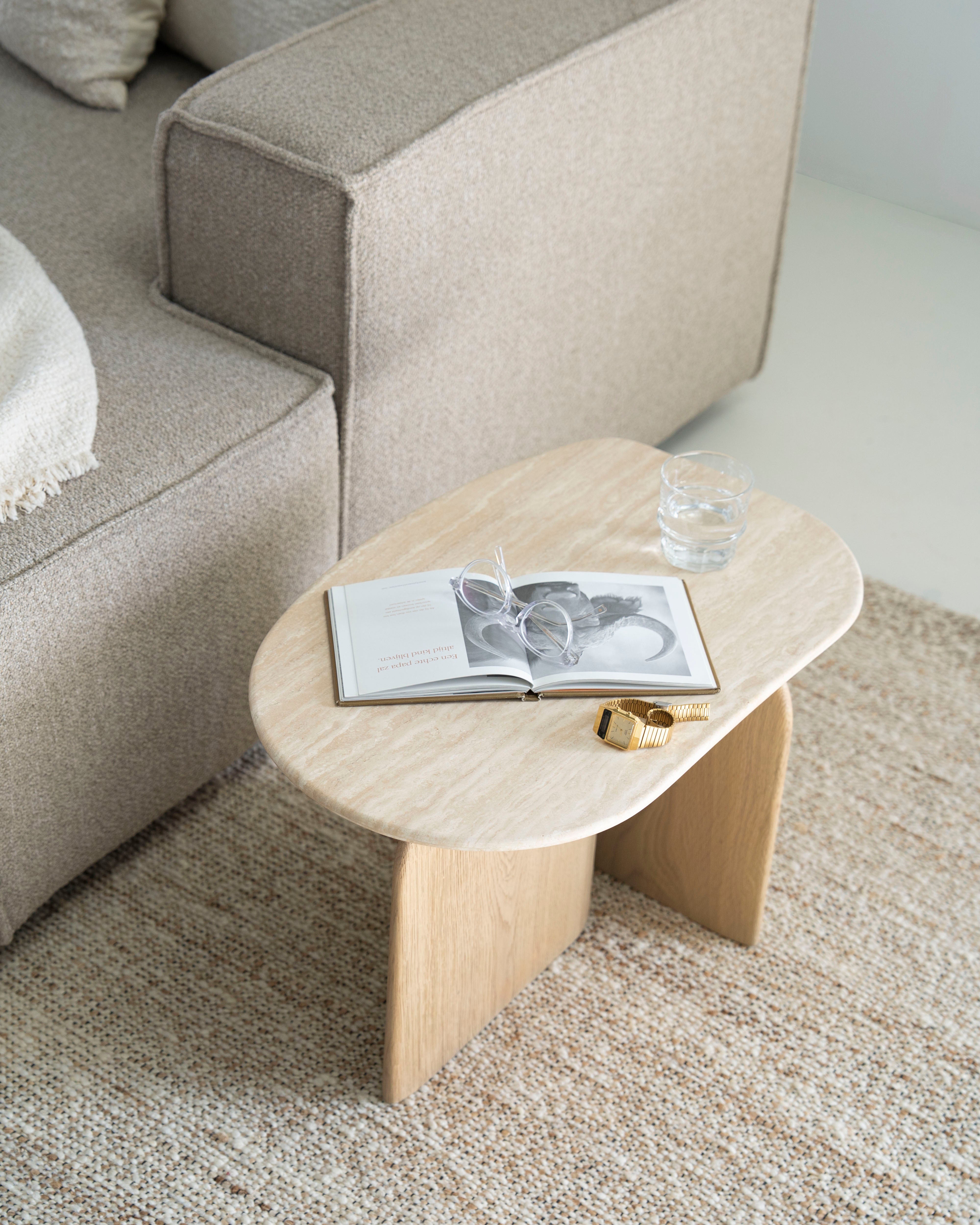 LOVA side table in travertine with an oak base
