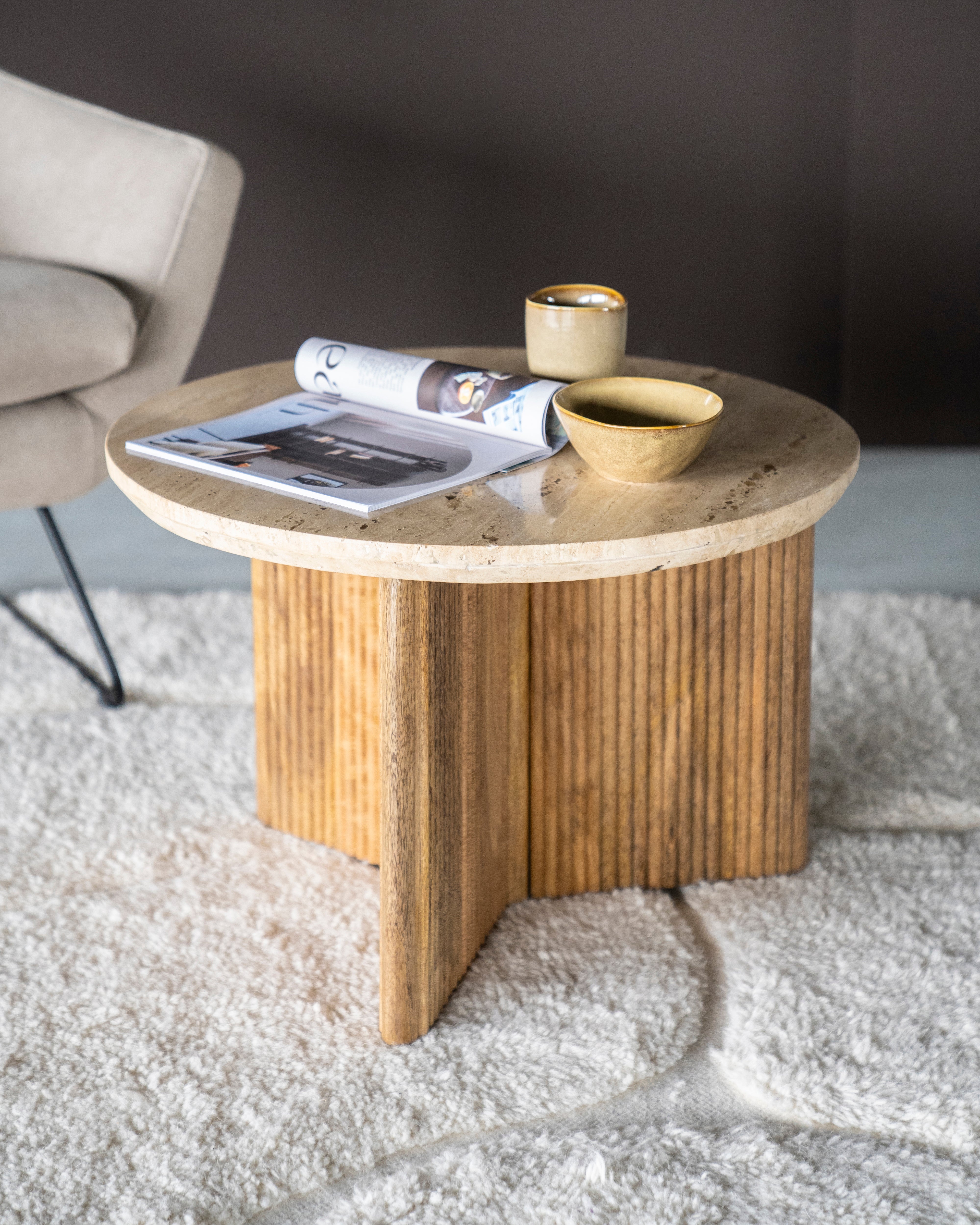 SARA light beige travertine side table with mango wood