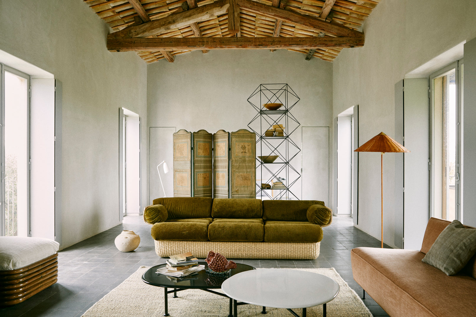 2-seater BASKET sofa in blue with rattan