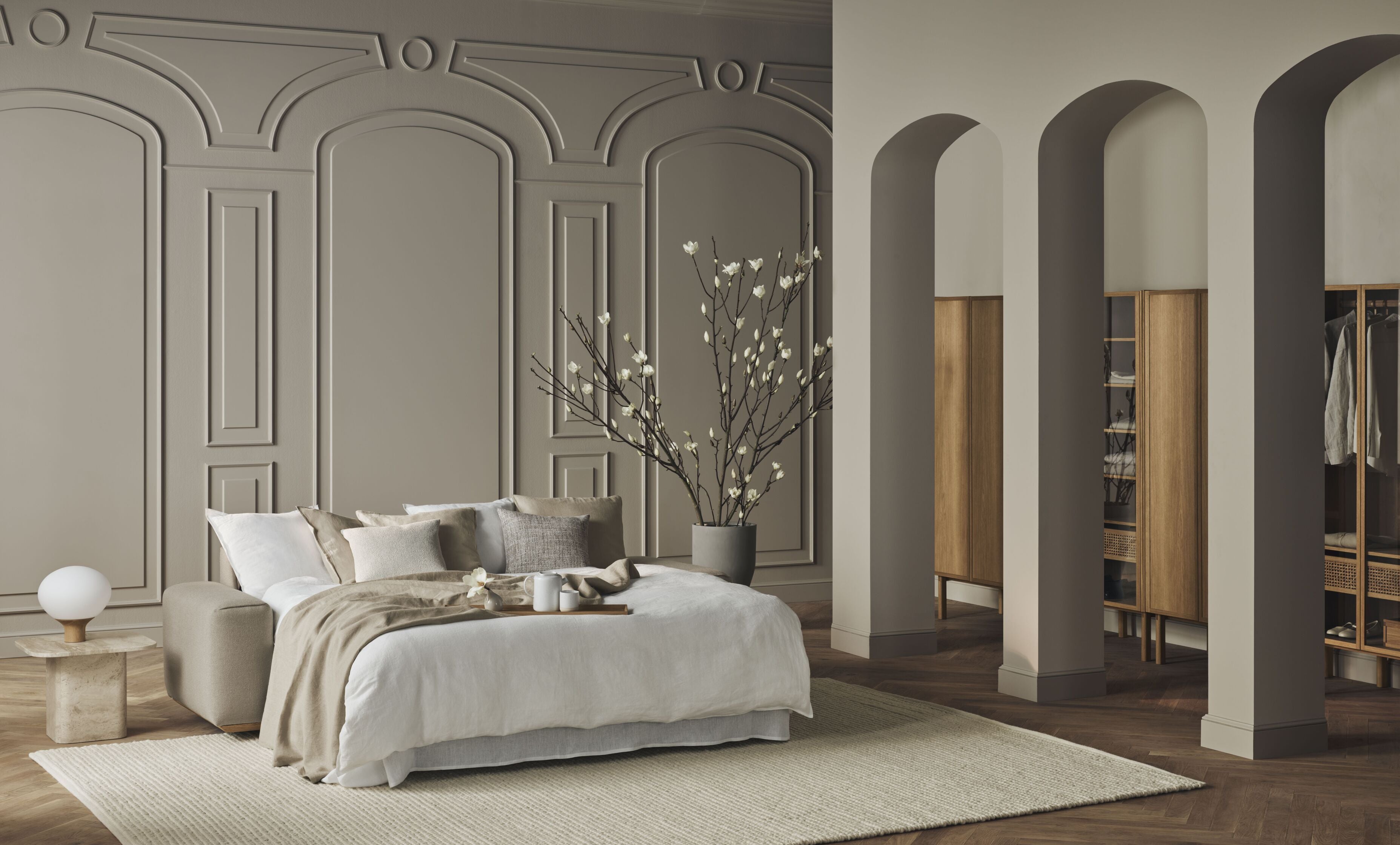 Rozkladacia pohovka pre 3 osoby GEST s podstavou z bieleného dubového dreva