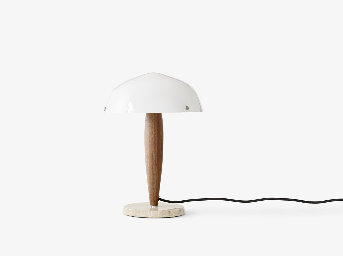 Stolná lampa HERMAN SHY3 opálové sklo s orechovým drevom a krémovým mramorovým podstavcom