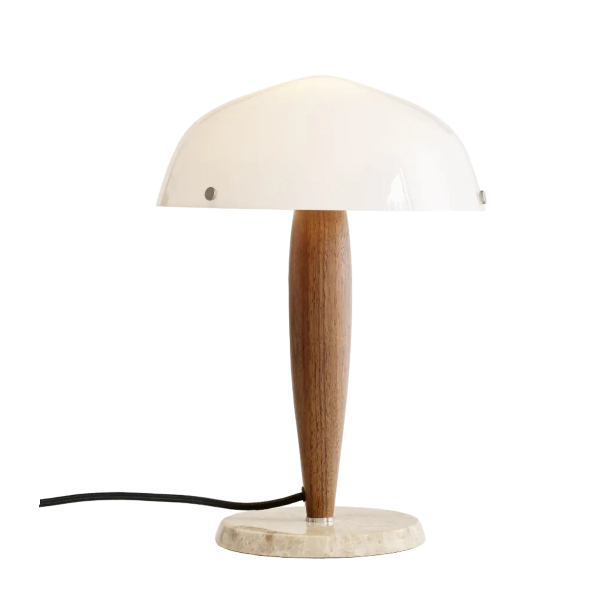 Stolná lampa HERMAN SHY3 opálové sklo s orechovým drevom a krémovým mramorovým podstavcom