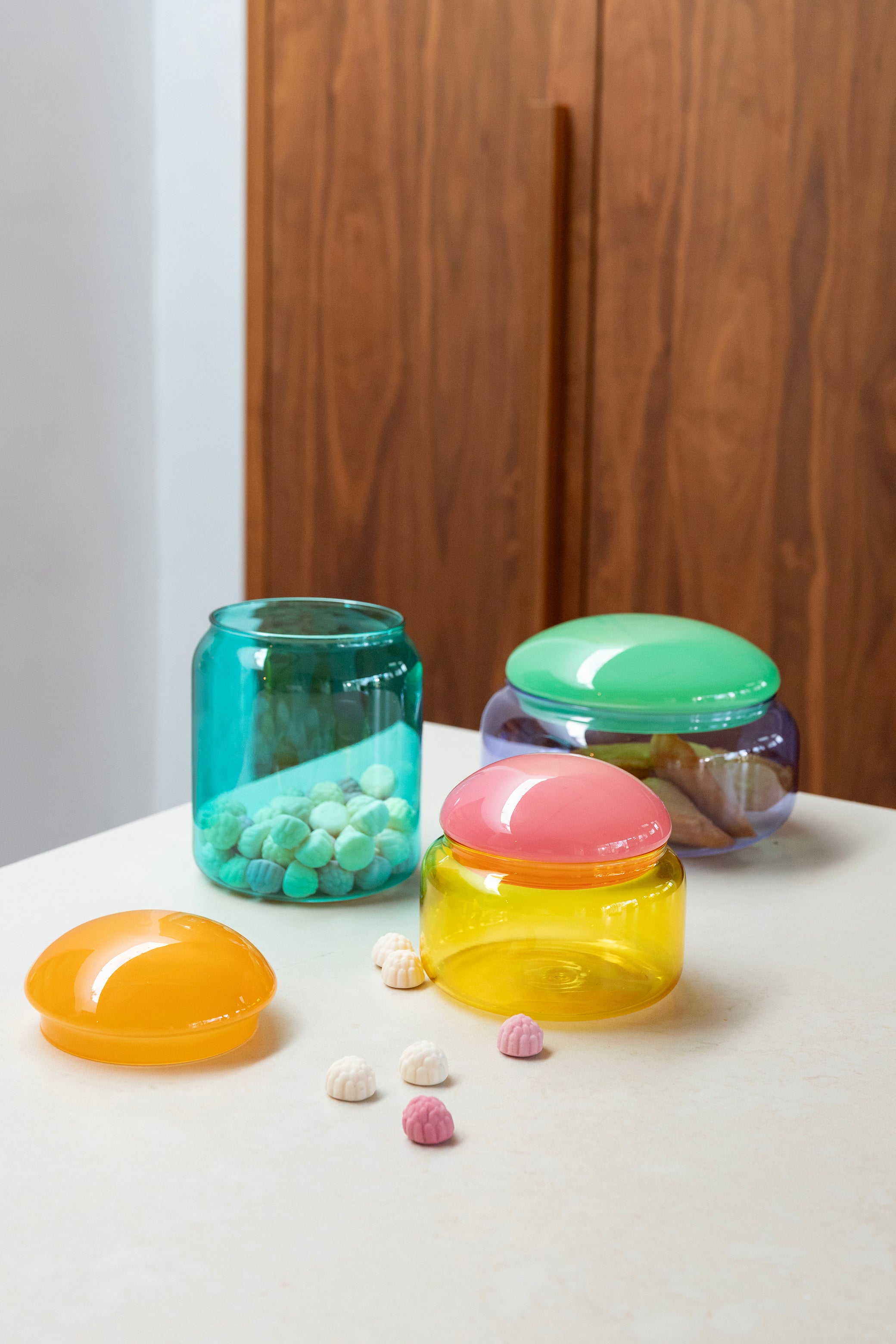 Glass Container PUFFY Yellow with Pink Lid