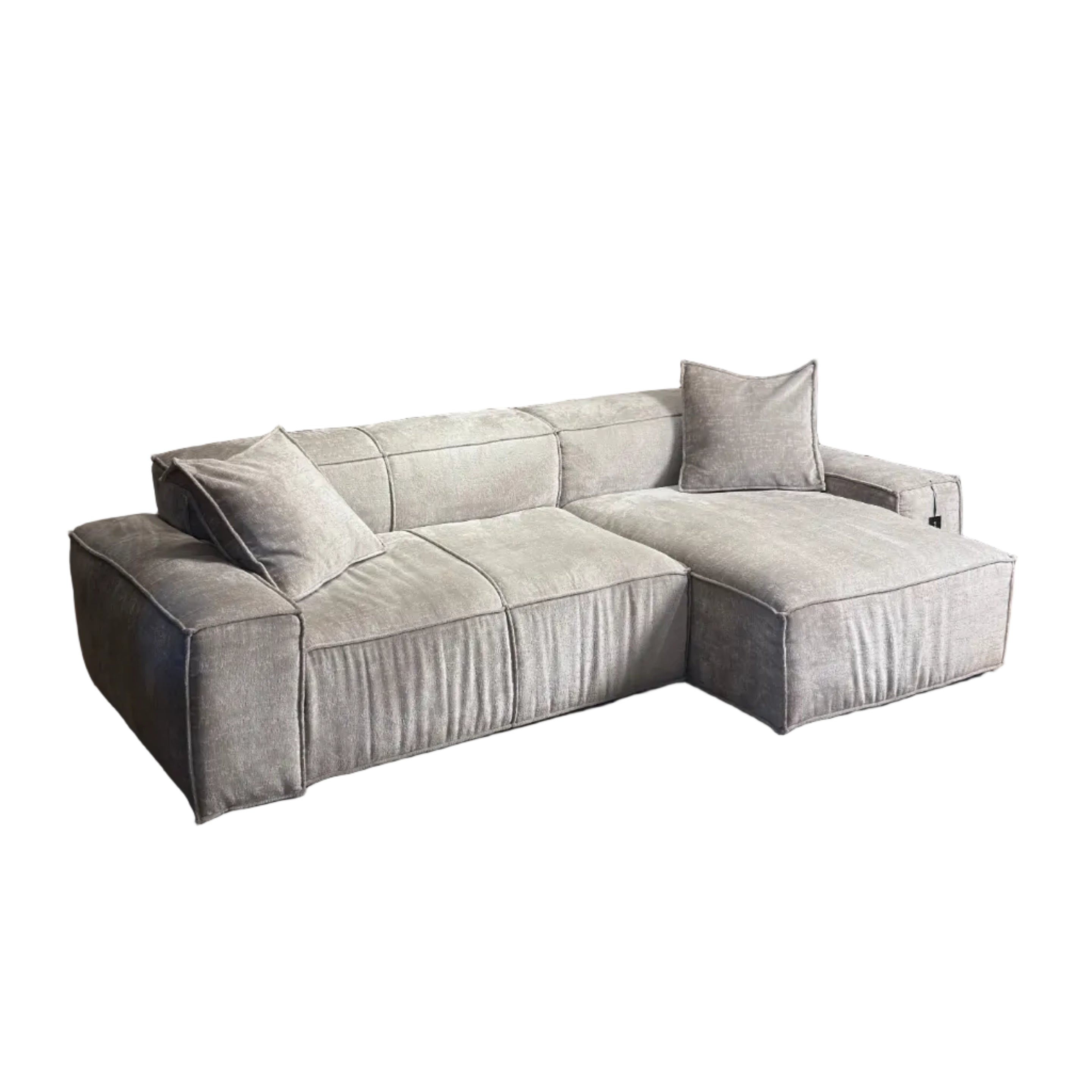 Narožník s 2 poduškami CUSHIONS šedý v tkanine Smeraldo - po výstave