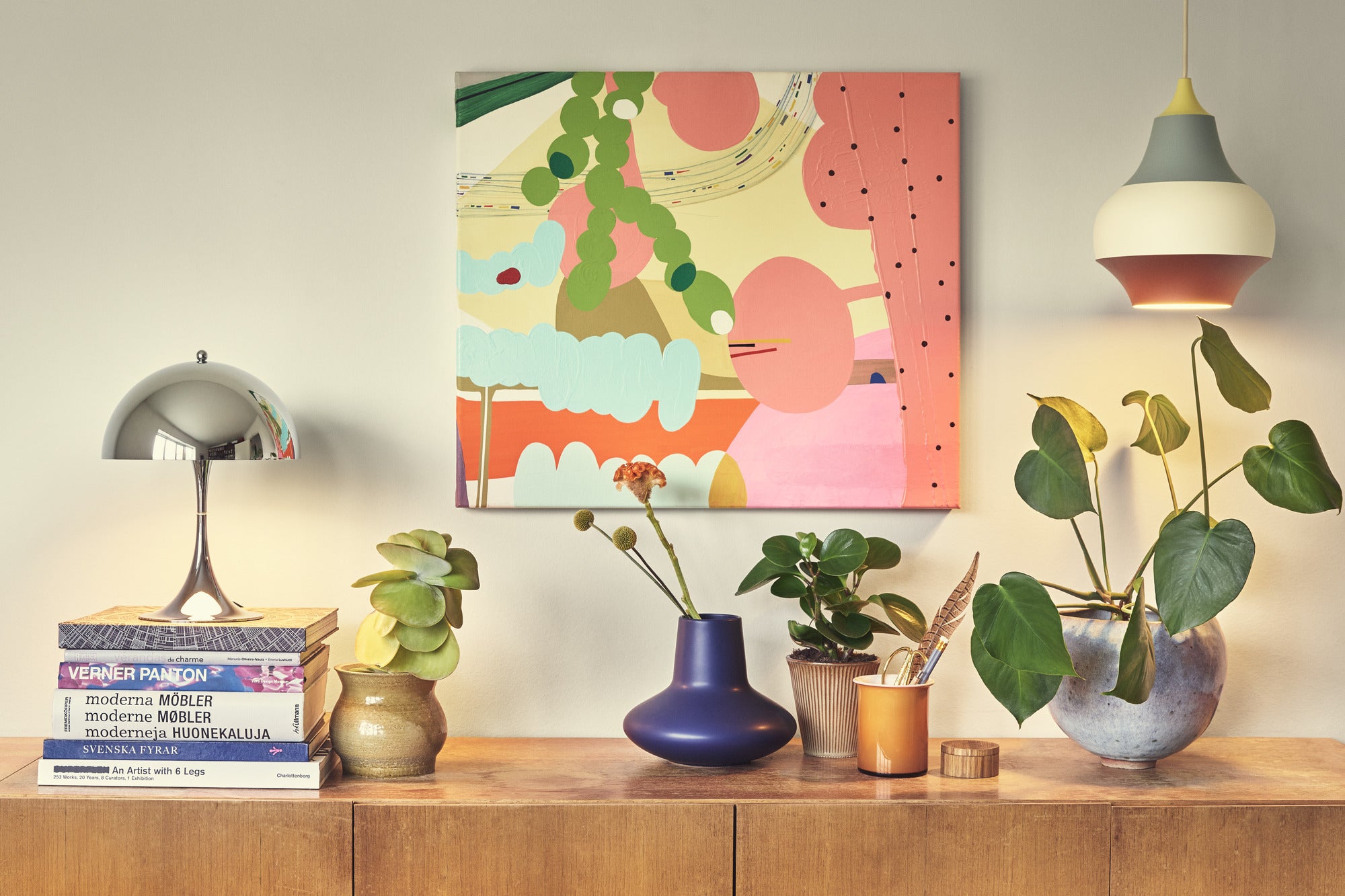 Závesná lampa CIRQUE medeno-bielo-modrá so žltým koncom