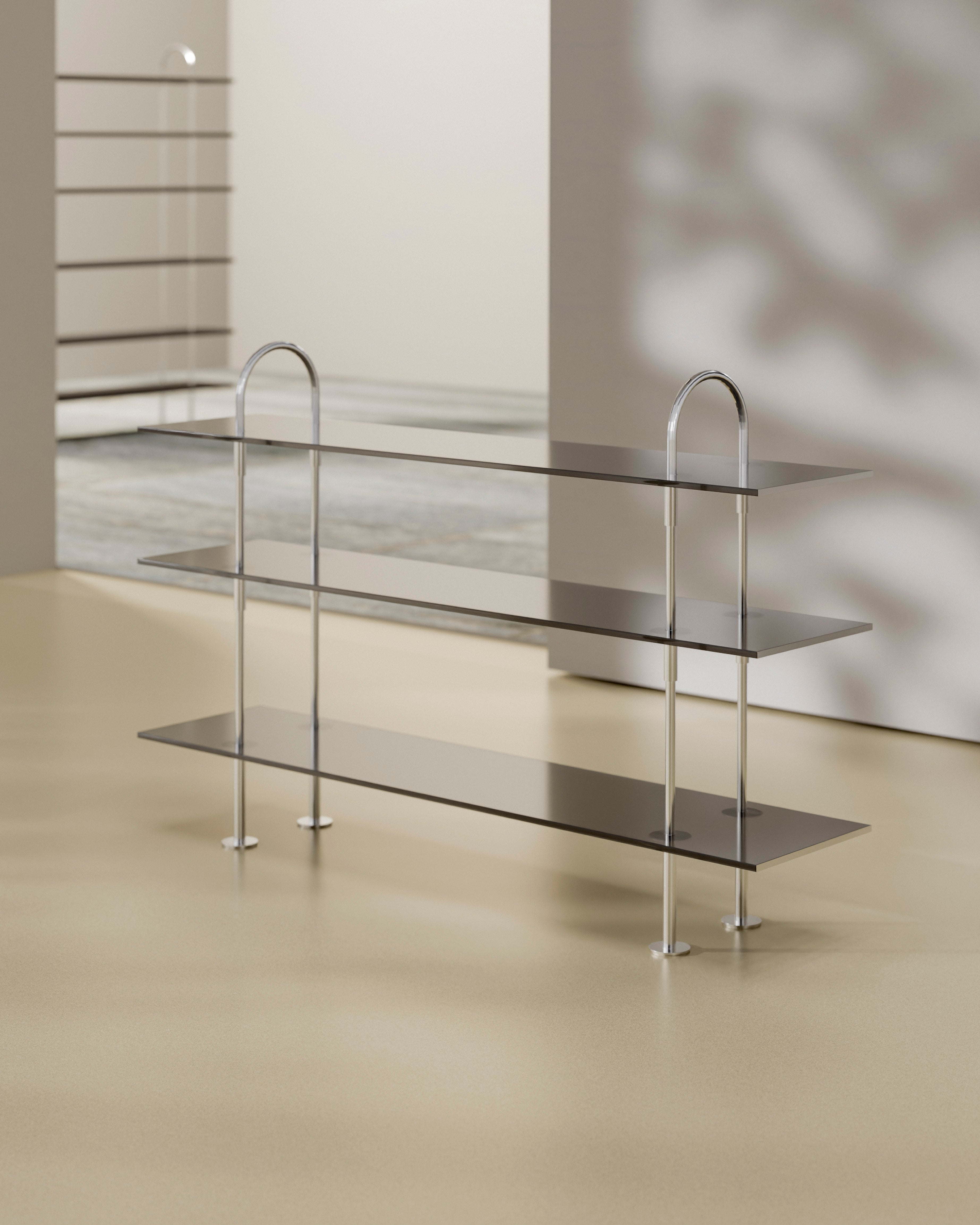 KEEN Shelf with Smoky Glass and Satin Steel Frame
