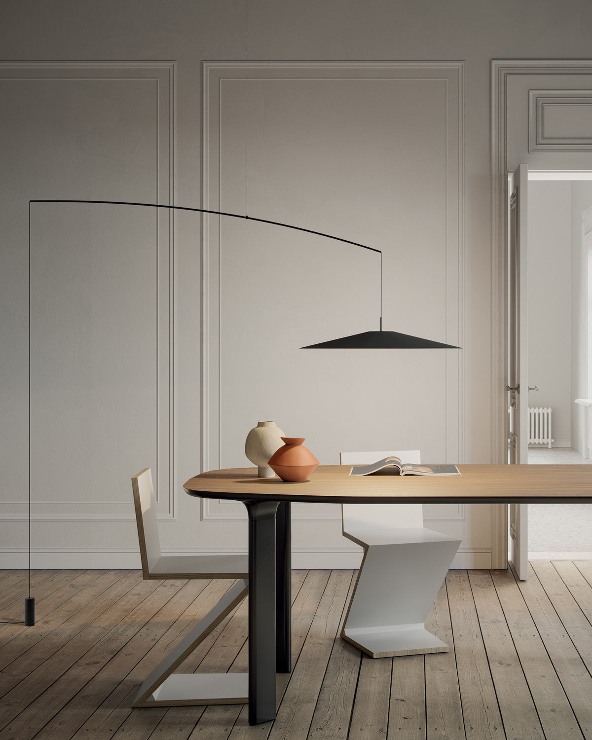 KOINÉ black suspended floor lamp with arm