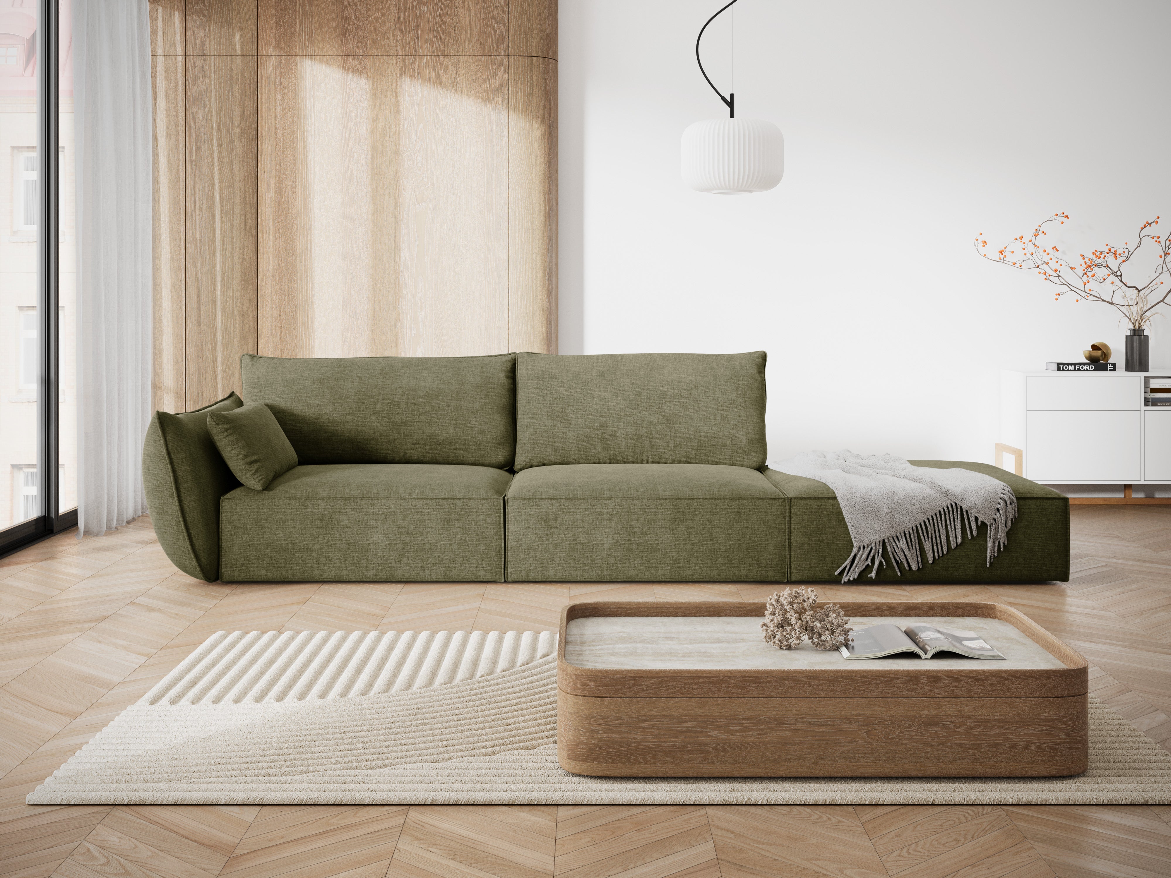 Sofa z šenilovej tkaniny pravostranná otvorená VANDA zelená