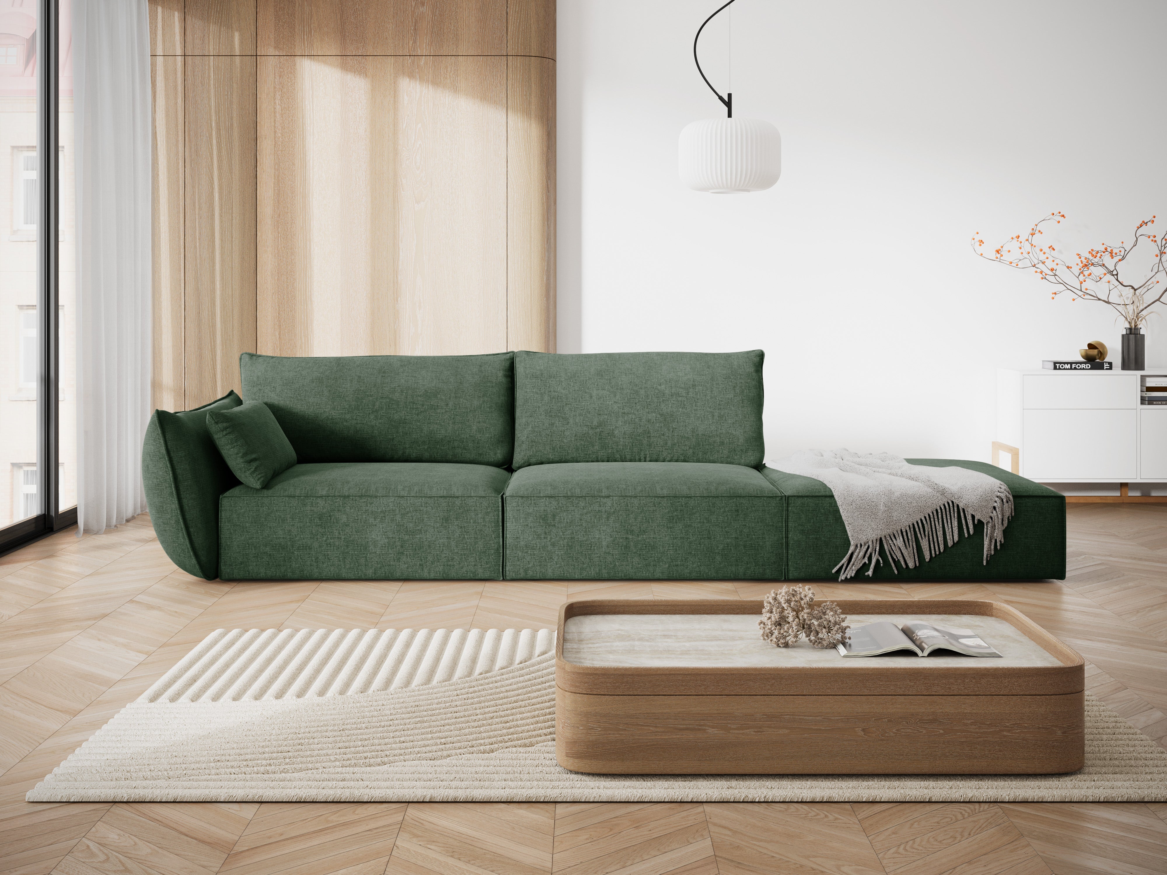 Sofa z tkaniny szenilovej pravostranná otvorená VANDA fľašková zelená