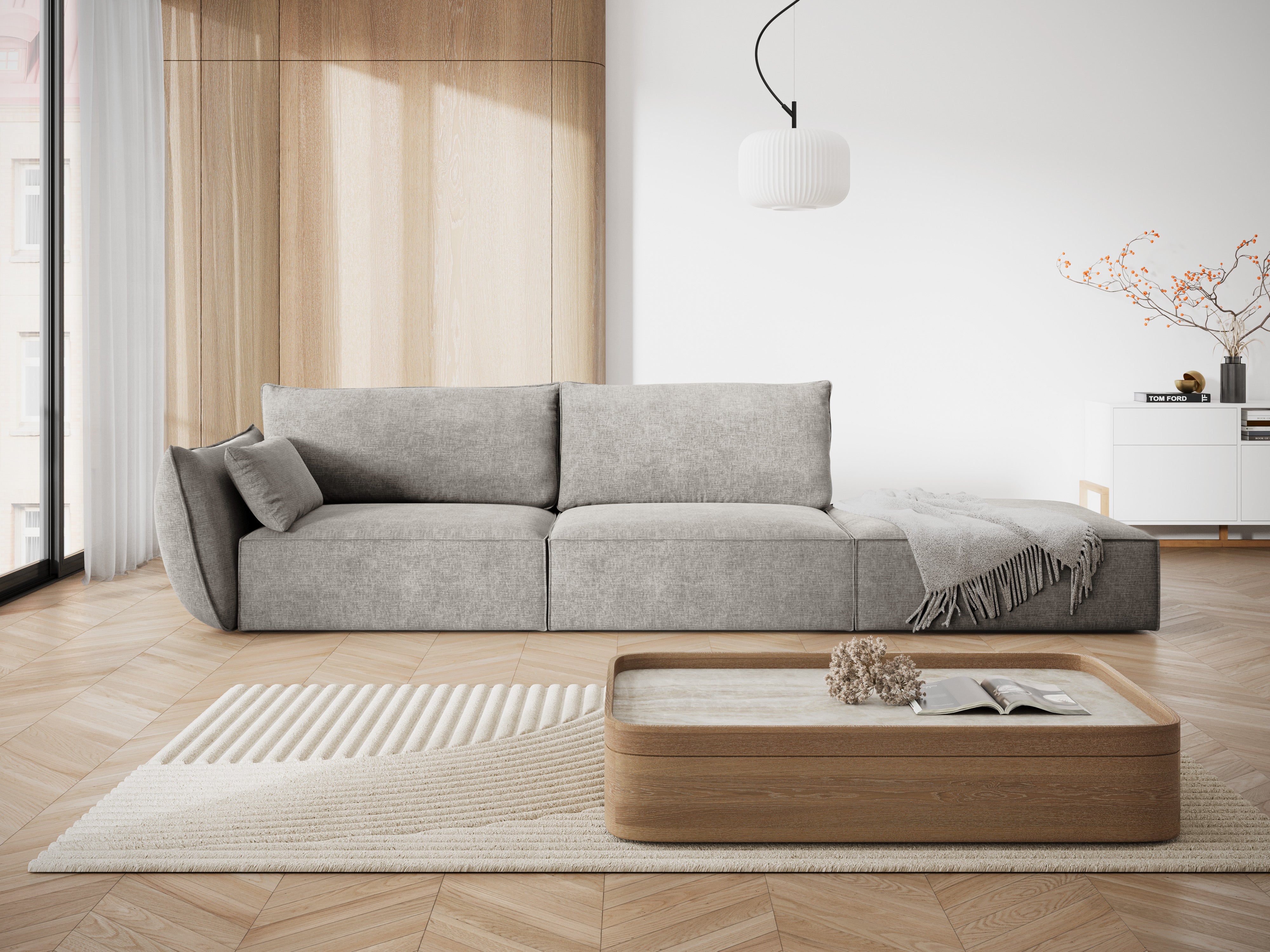 Sofa z šenilovej tkaniny pravostranná otvorená VANDA svetlosivá