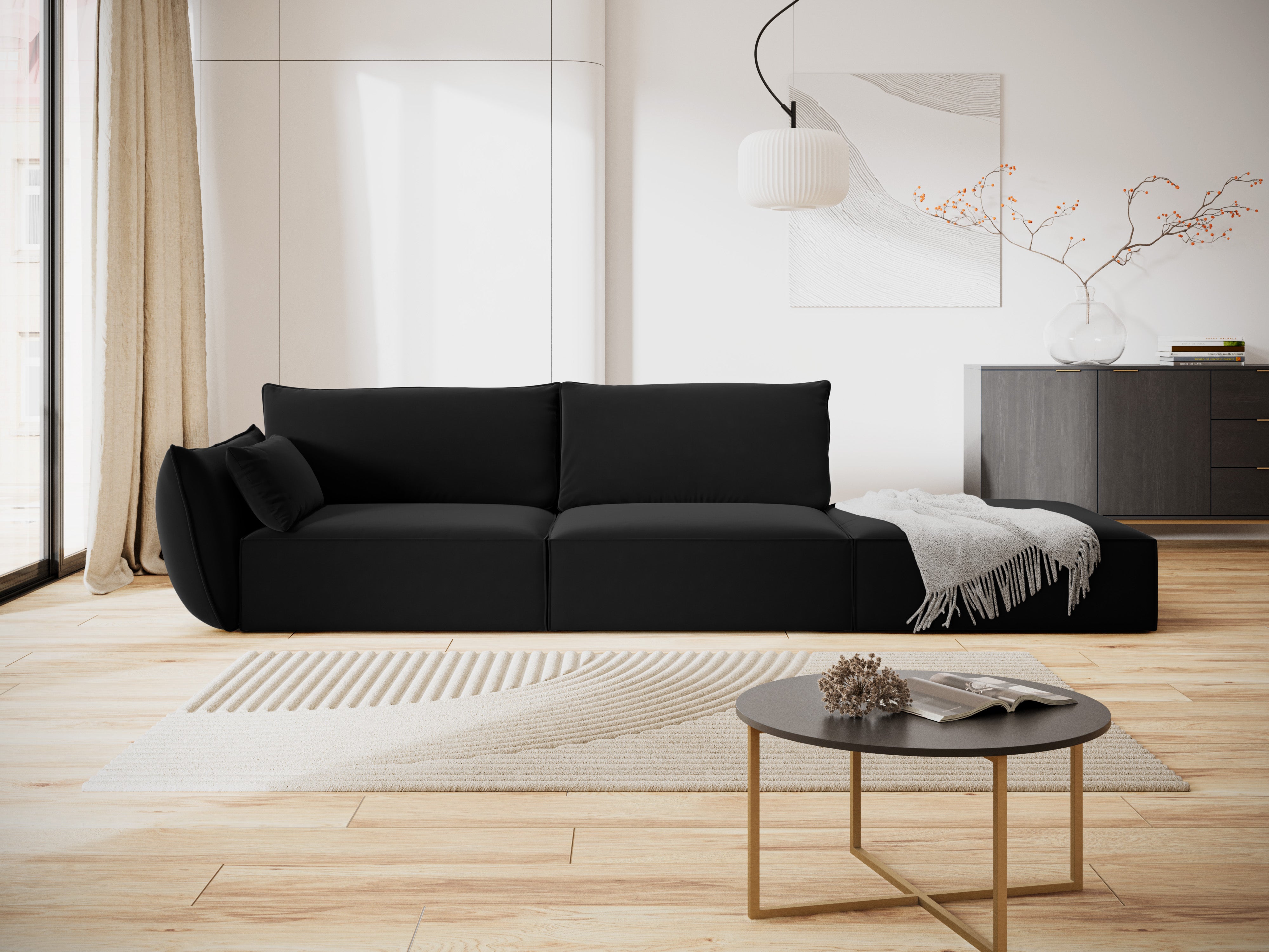 Sofa z jemného velúru pravostranná otvorená VANDA čierna