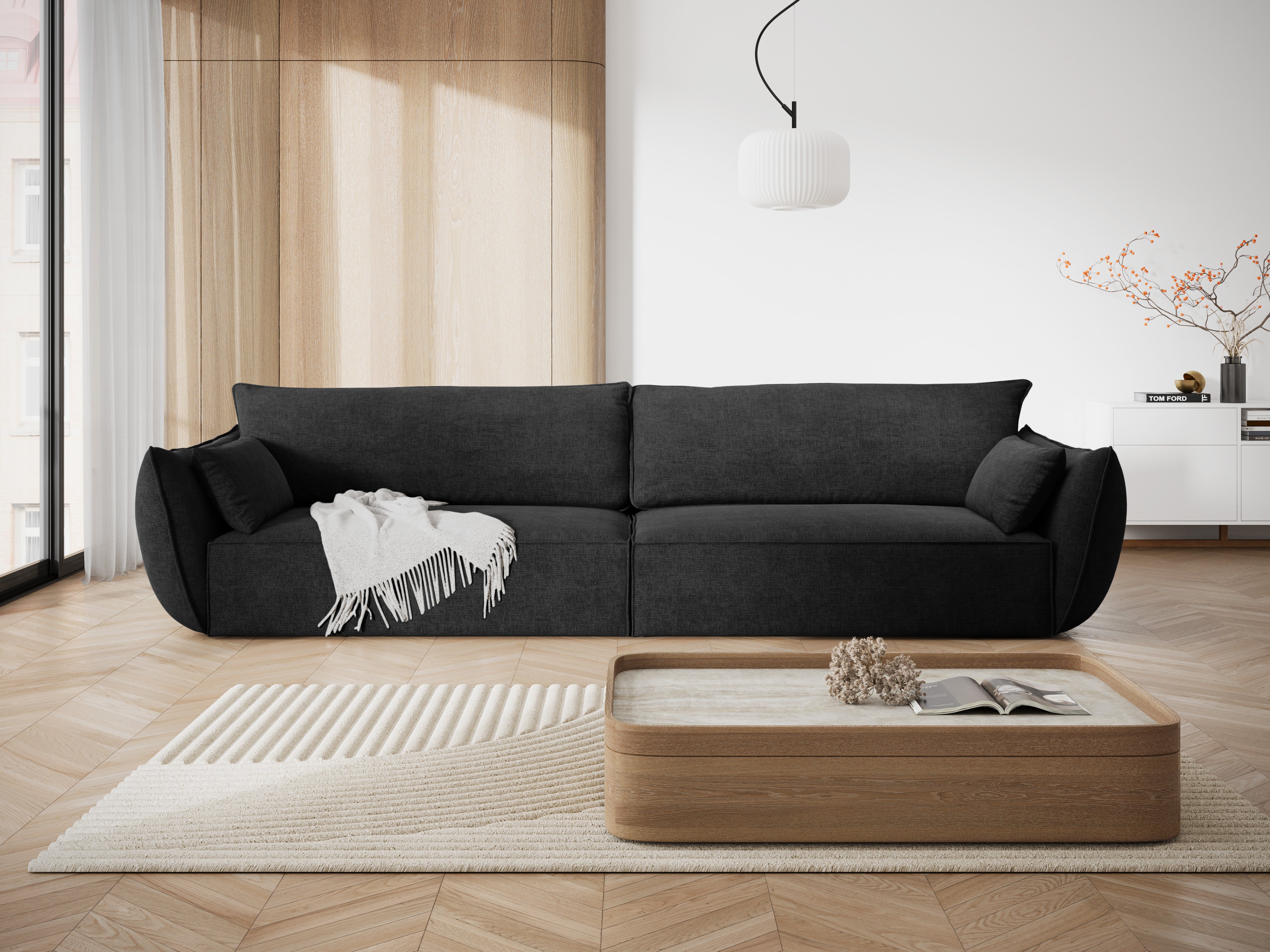 Sofa v zamatovej tkanine pre 4 osoby VANDA čierna