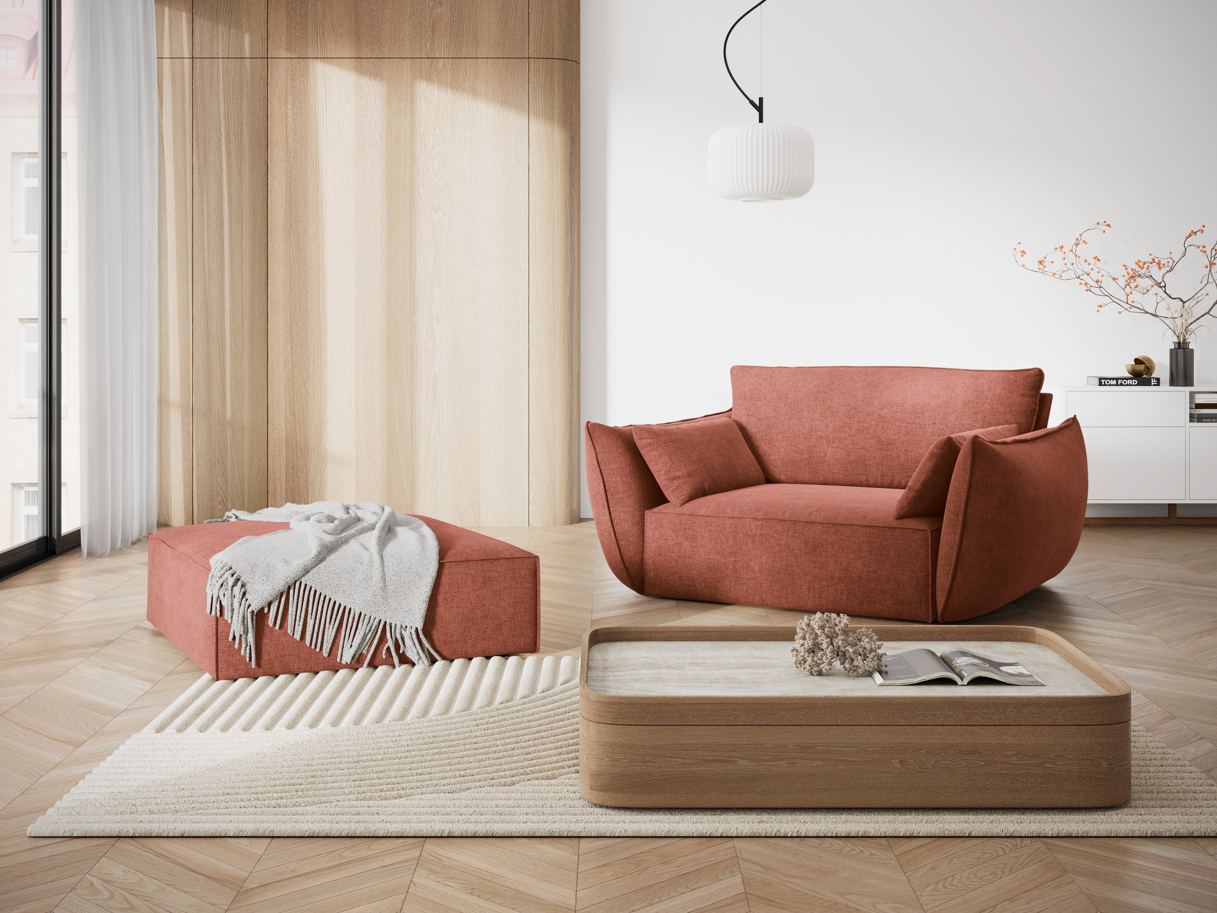 Fotel z tkaniny szenilovej VANDA terrakota