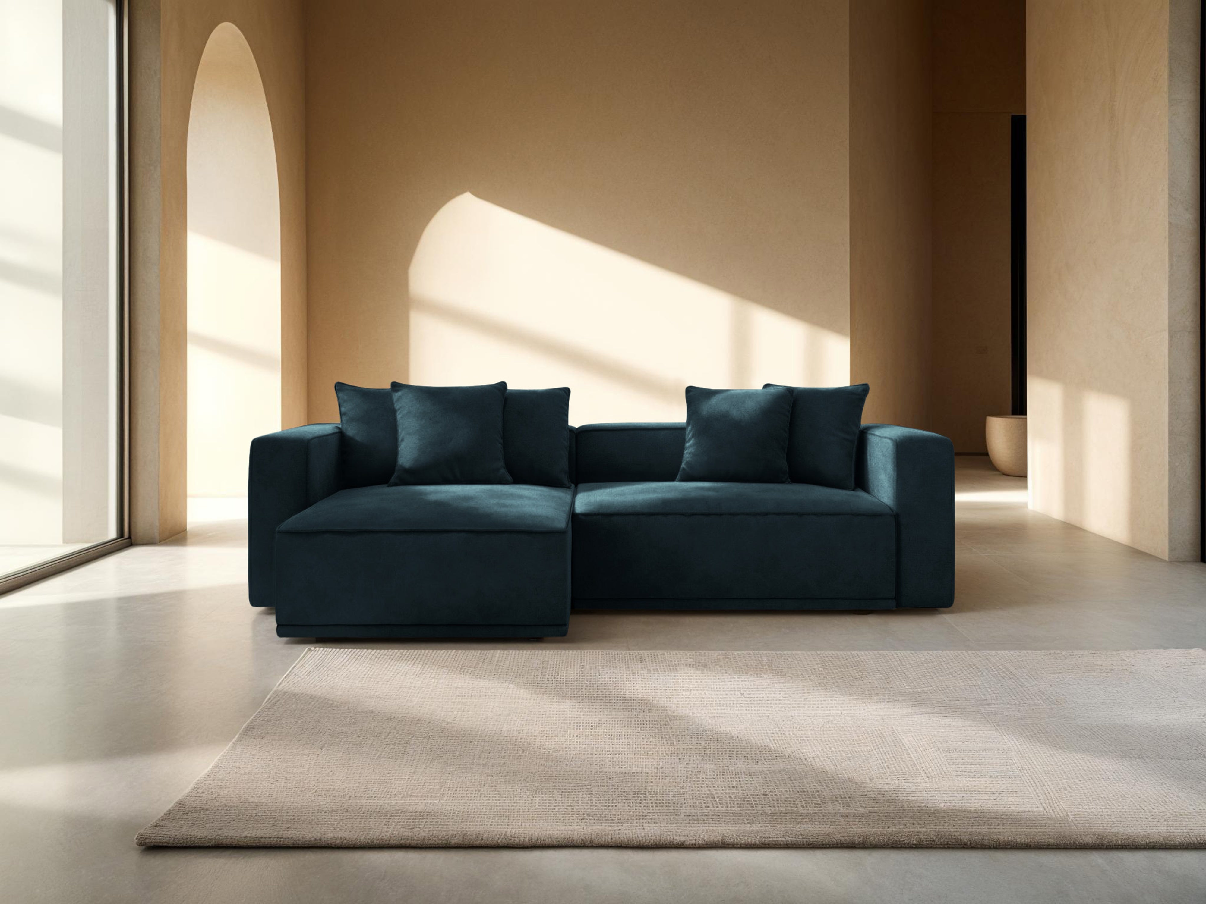 Sametový rohový gauč ľavostranný s funkciou spania RIBES modrý petrol