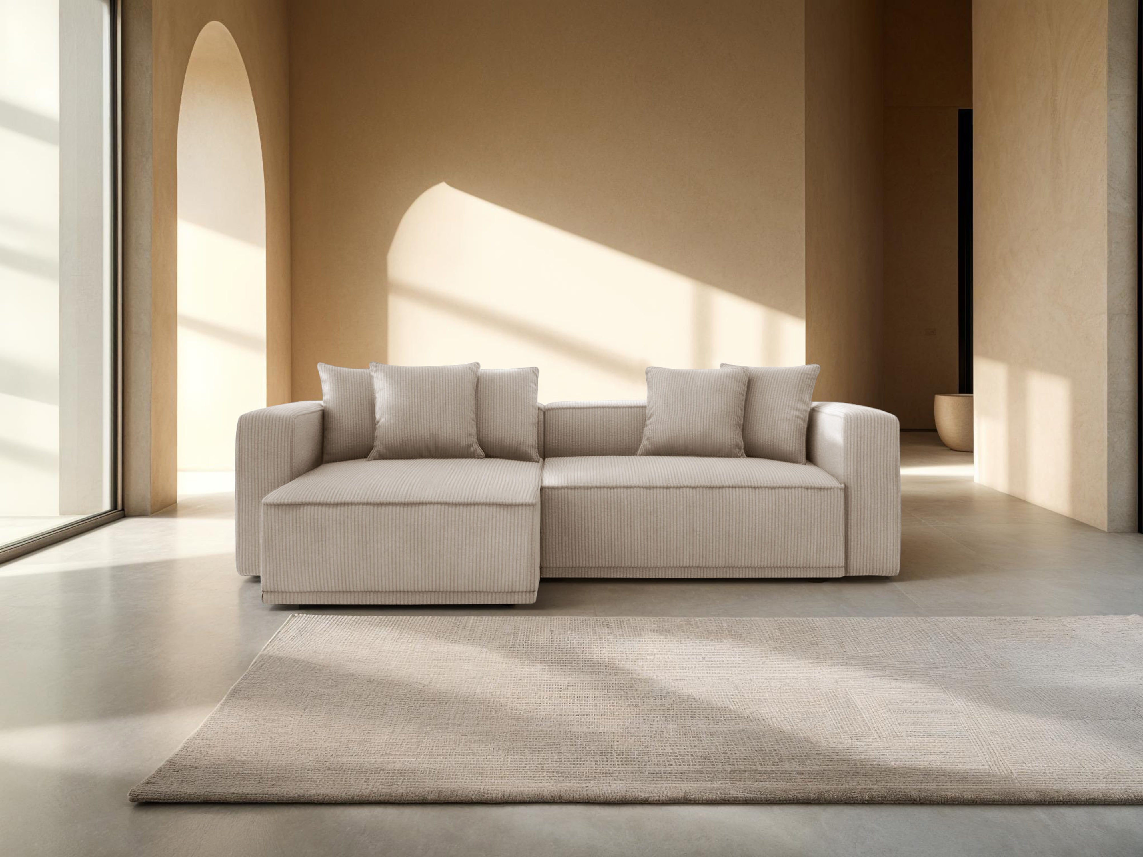 Left-sided corner sofa bed RIBES beige corduroy