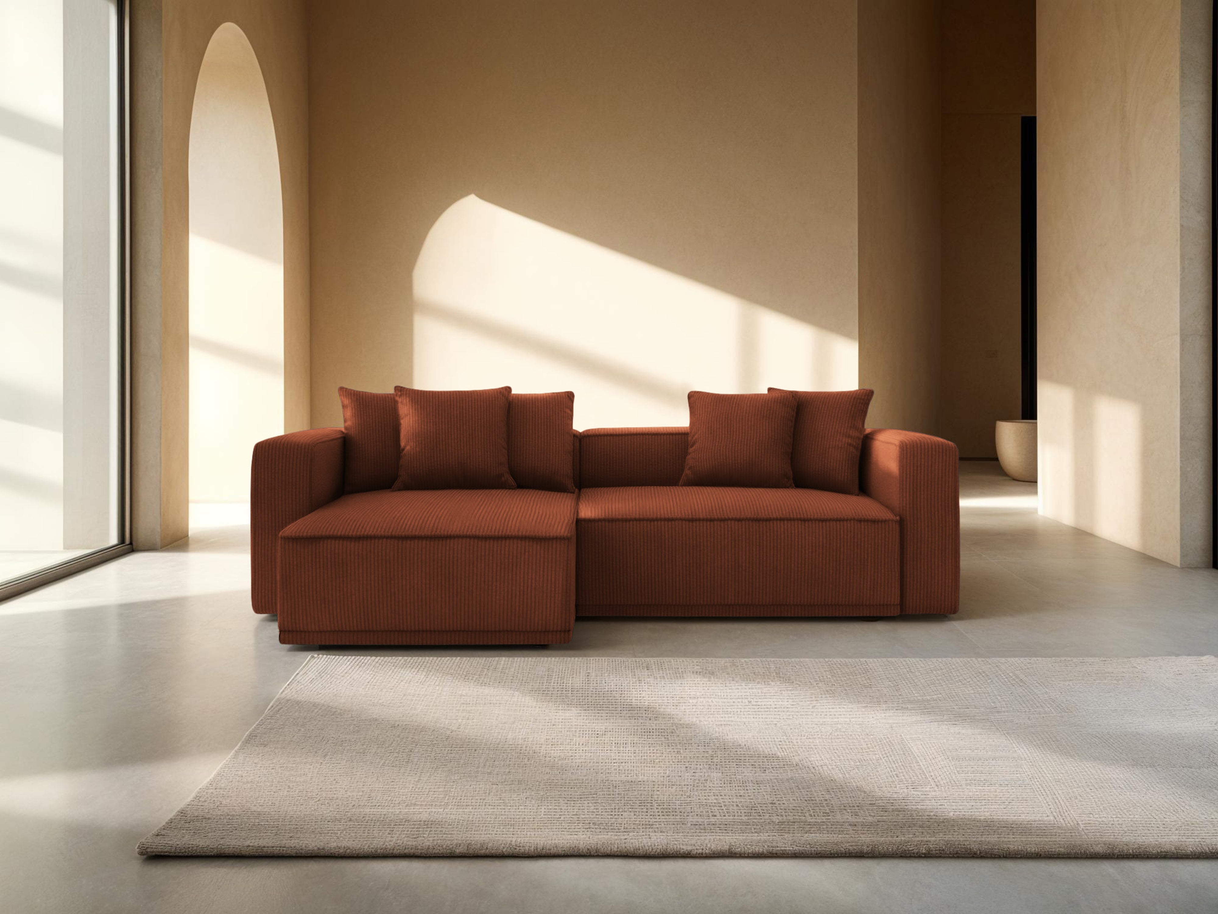 Left-sided corner sofa bed RIBES in brick corduroy