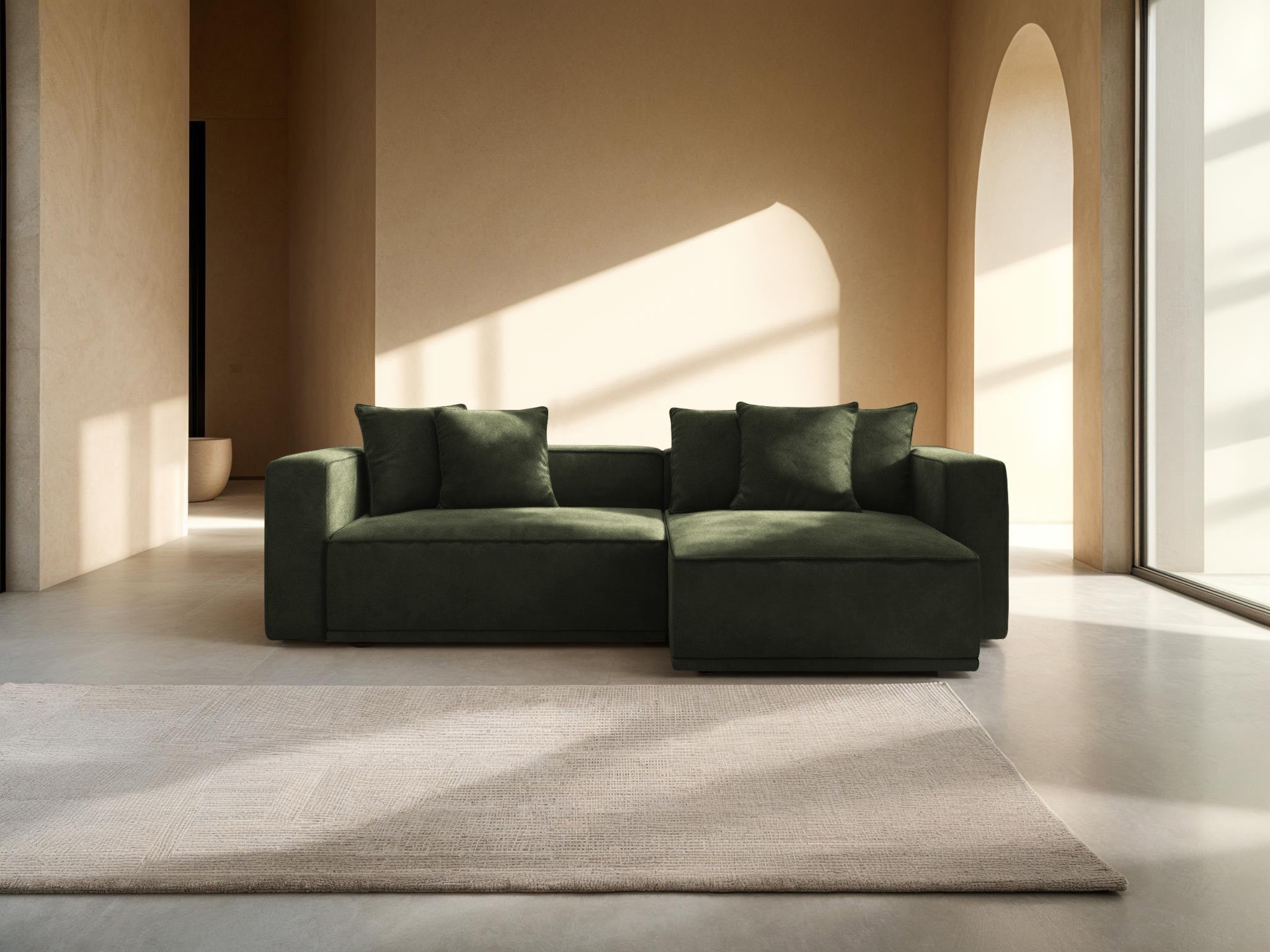 Zelený pravostranný sametový rohový gauč s funkciou spania RIBES