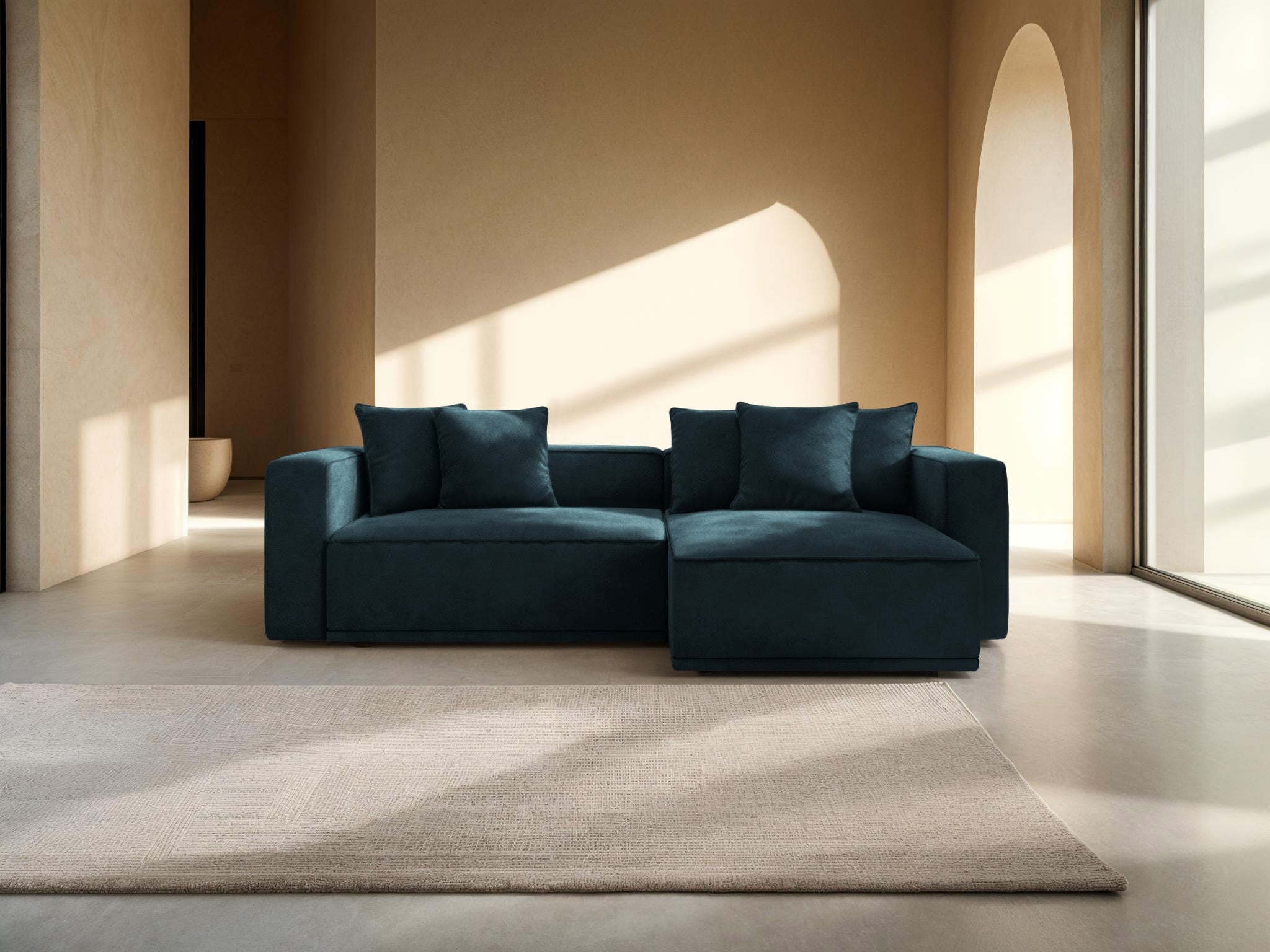 Sametový rohový gauč pravostranný s funkciou spania RIBES modrý petrol