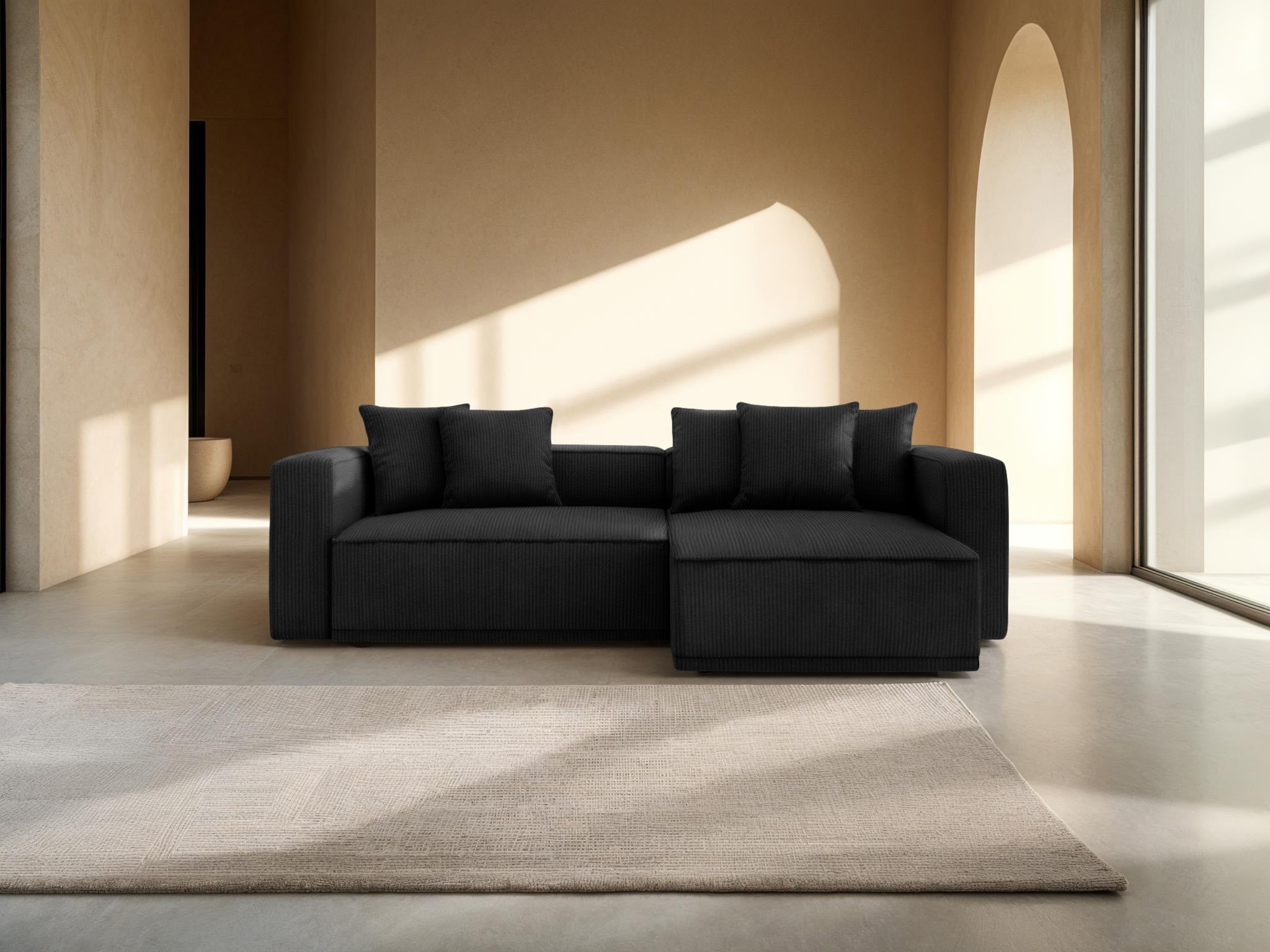 Pravostranný rohový gauč s funkciou spania RIBES čierny zamat