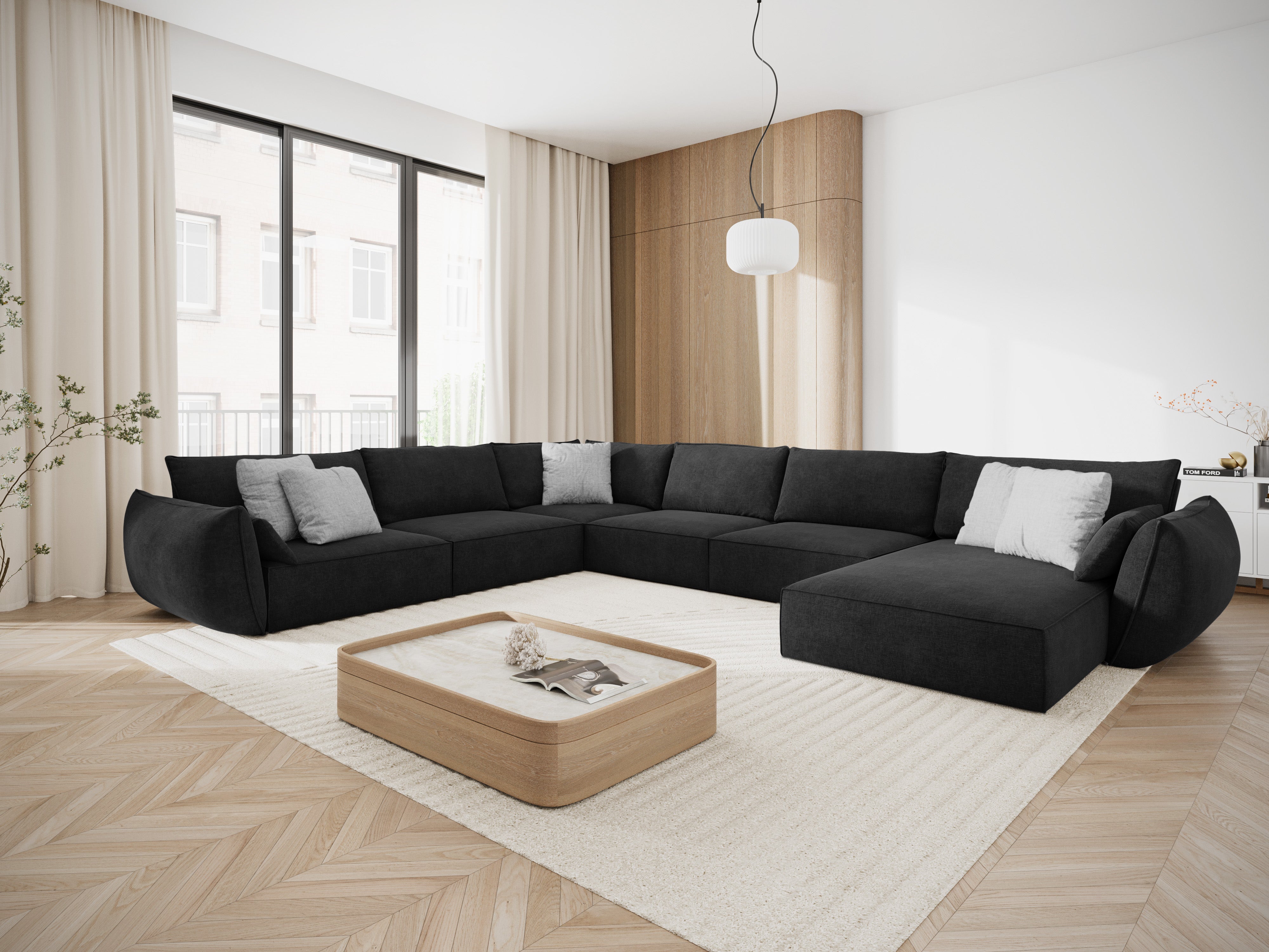 Panoramatický rohový gauč v šenilovej tkanine ľavý VANDA čierny