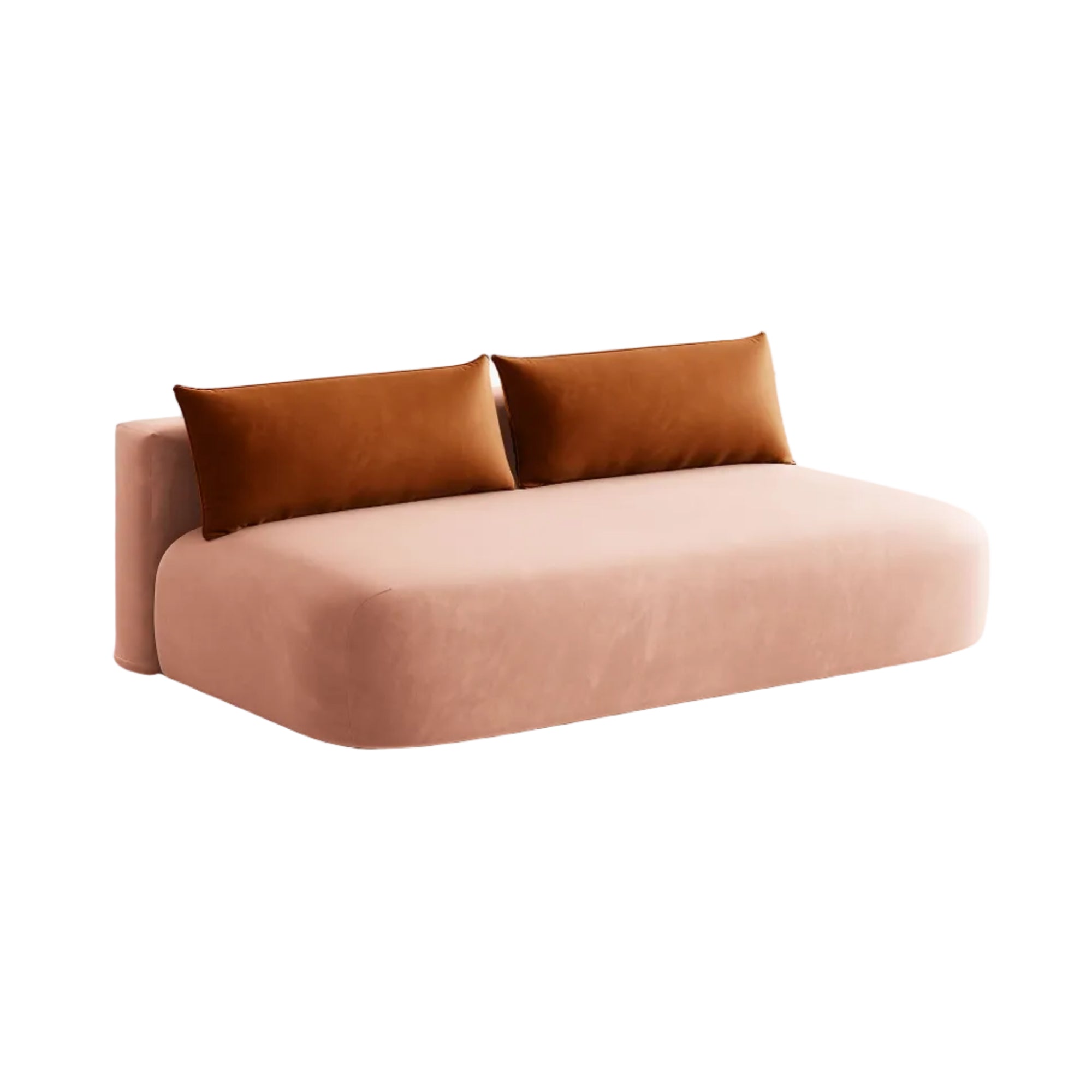 Sofa pre 3 osoby z aksamitom a funkciou spania HENA v ružovej farbe s tehlovými vankúšmi.