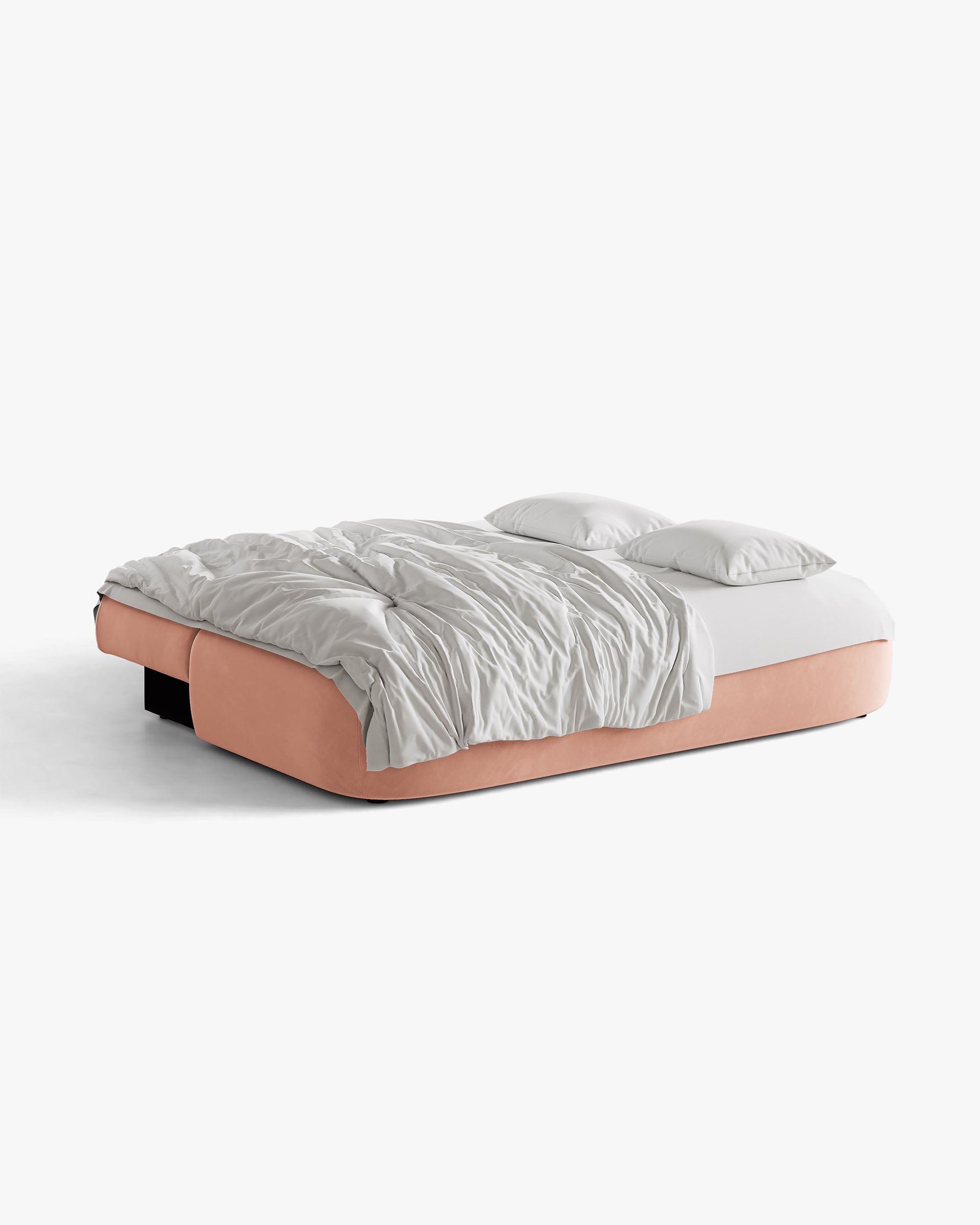 Sofa pre 3 osoby z aksamitom a funkciou spania HENA v ružovej farbe s tehlovými vankúšmi.