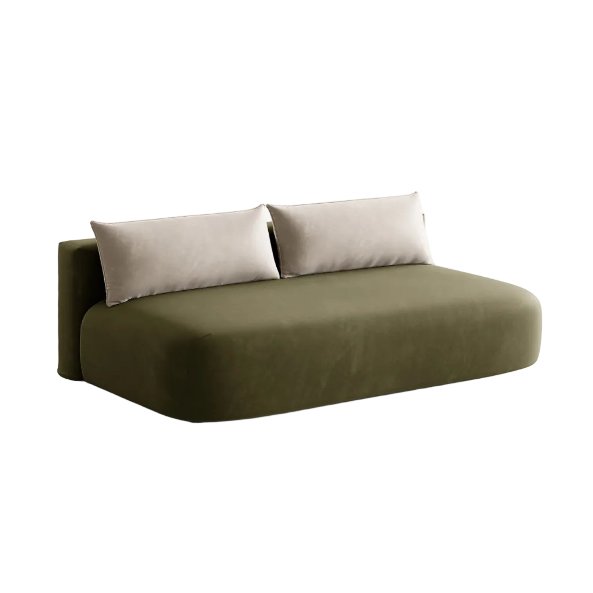 Sofa pre 3 osoby z aksamitom a funkciou spania HENA v zelenej farbe s béžovými vankúšmi.