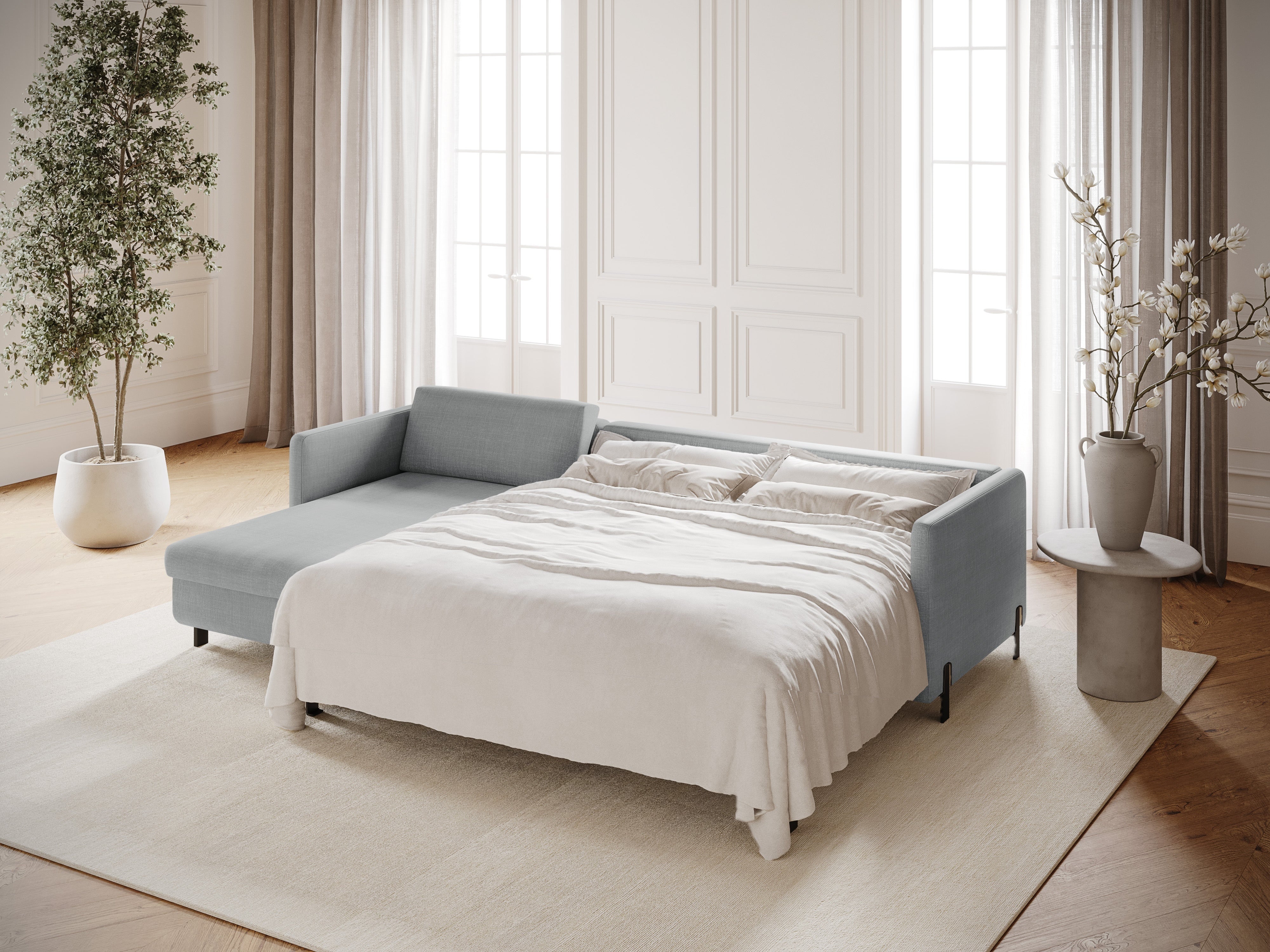 Ľavý rohový gauč s funkciou spania GLORIA svetlosivý šenil