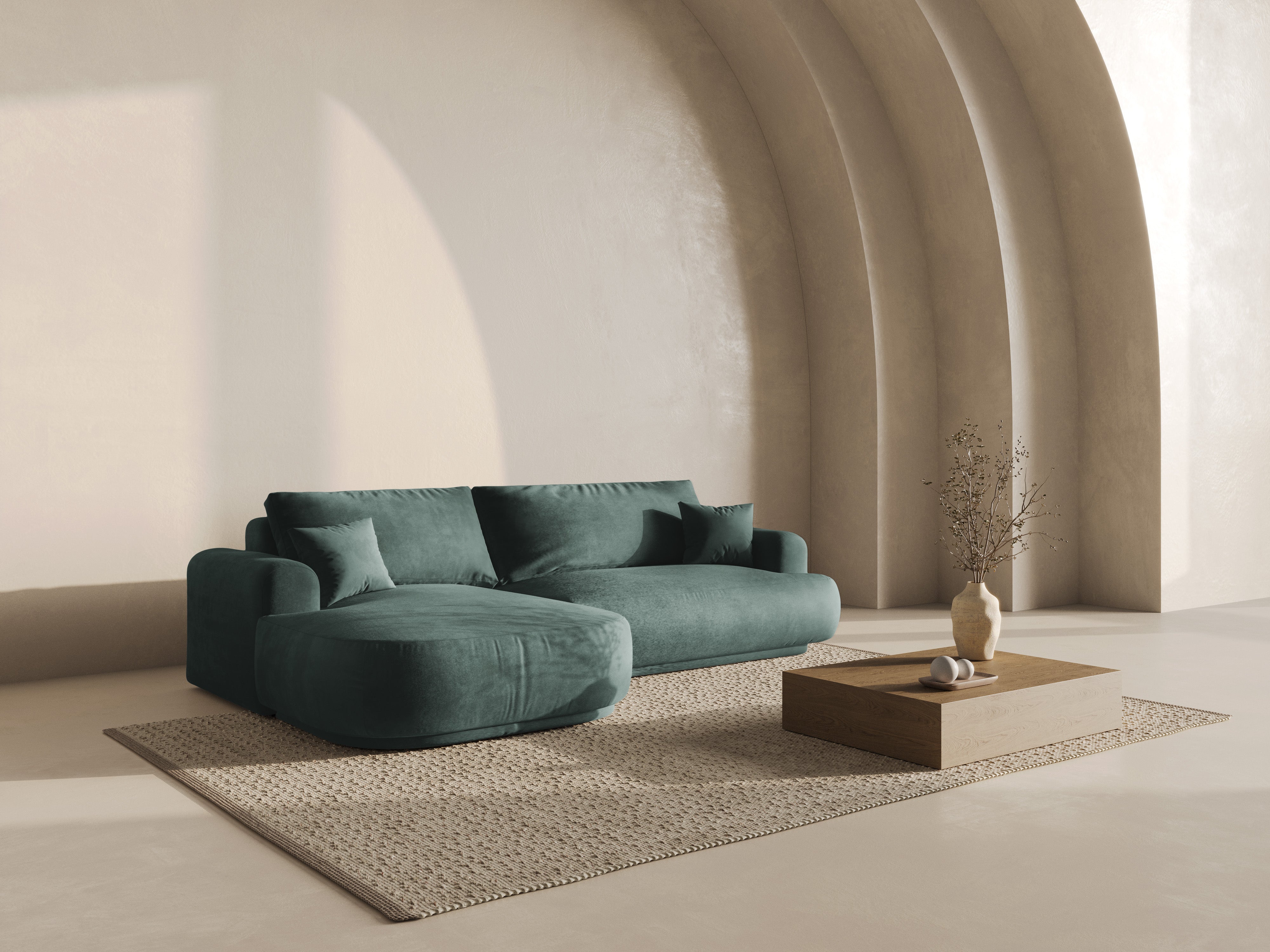 Rohová sedačka s ľavým sedením z aksamitného materiálu s funkciou spania ELLA petrol