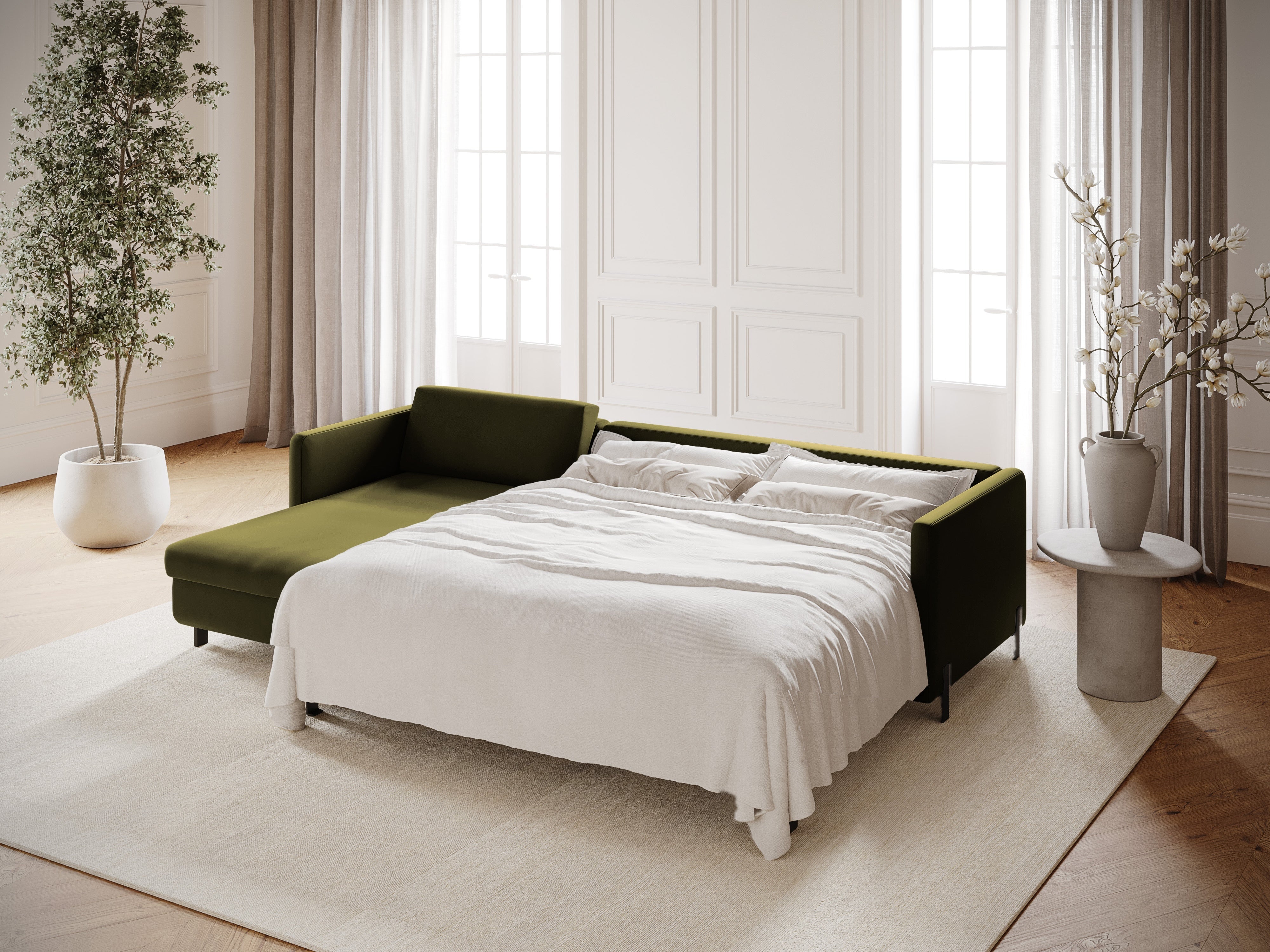 Zelený sametový rohový gauč pre 4 osoby s funkciou spania GLORIA