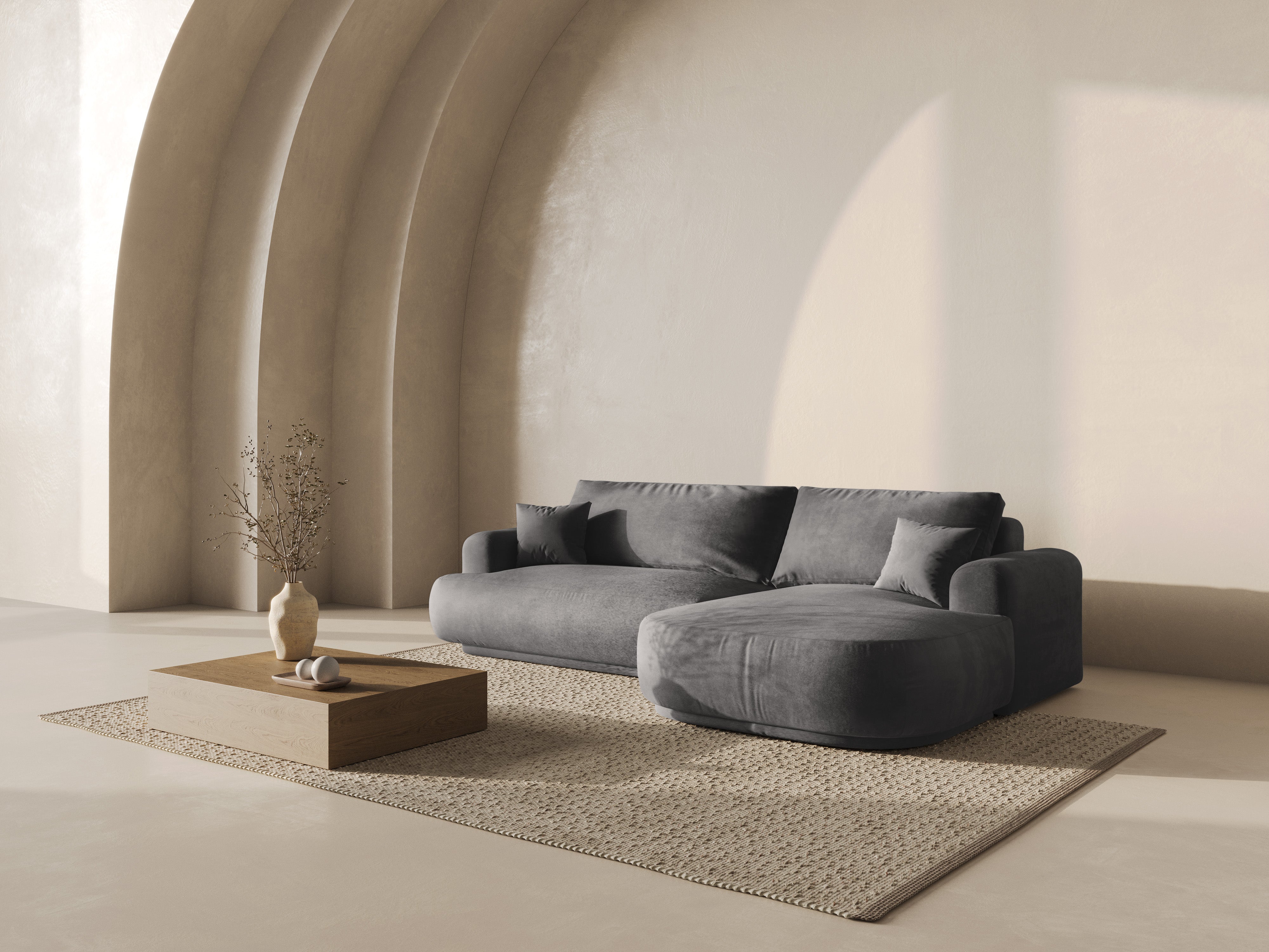 Pravostranný rohový gauč z aksamitného materiálu s funkciou spania ELLA šedý