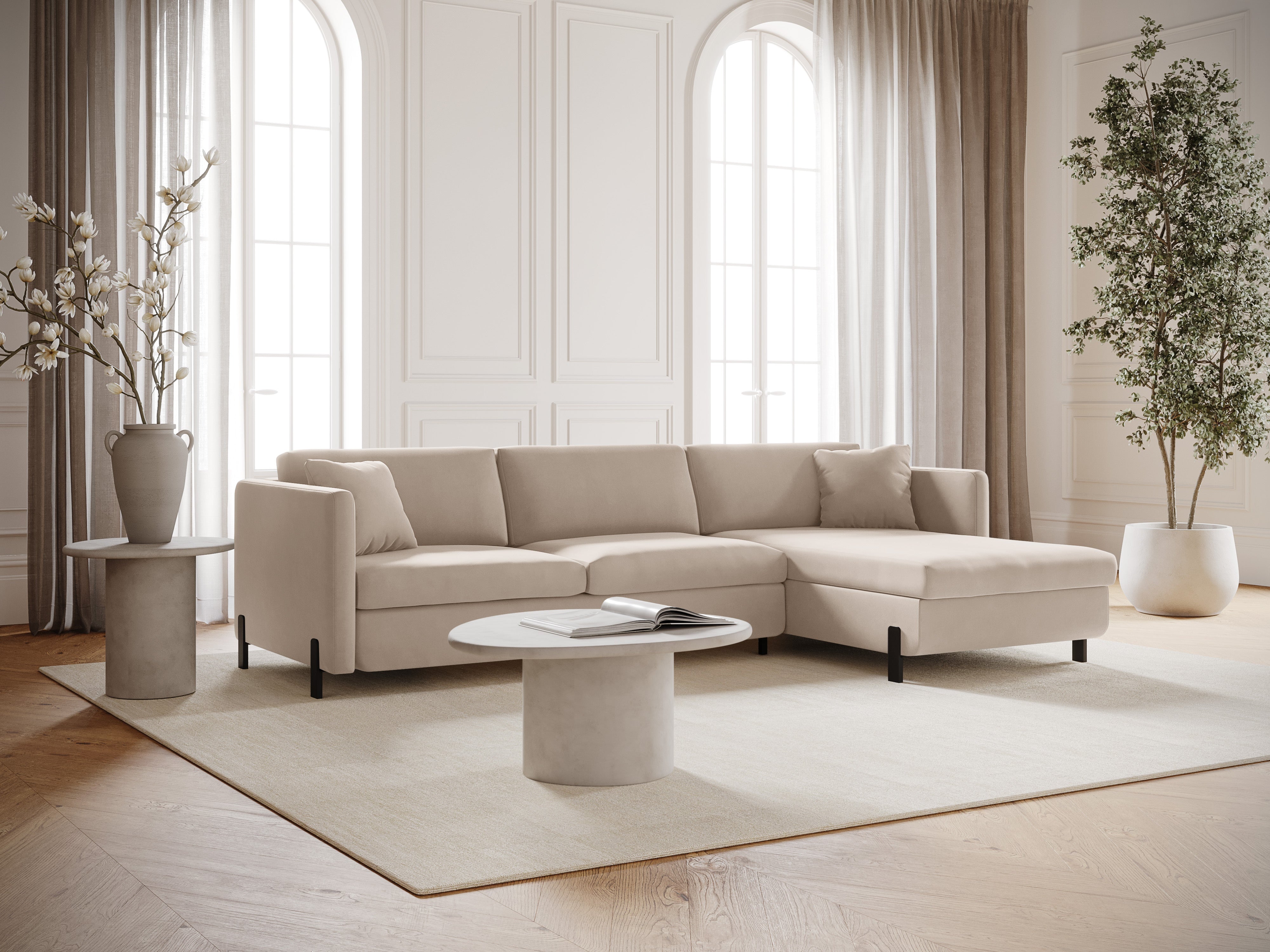 Right-facing velvet corner sofa with sleeping function GLORIA beige
