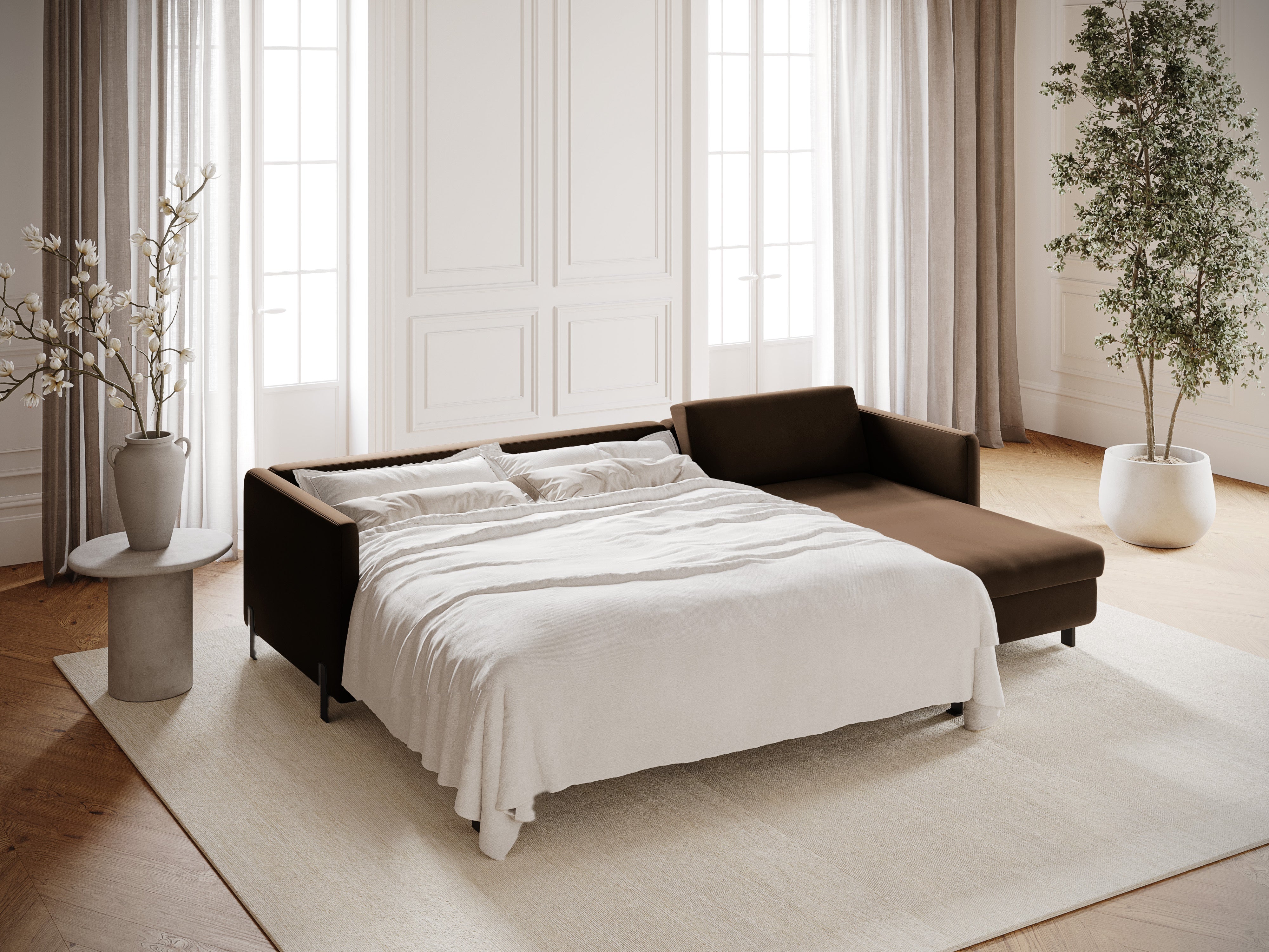 Rohová pohovka z jemného sametu pravostranná s funkciou spania GLORIA čokoládová