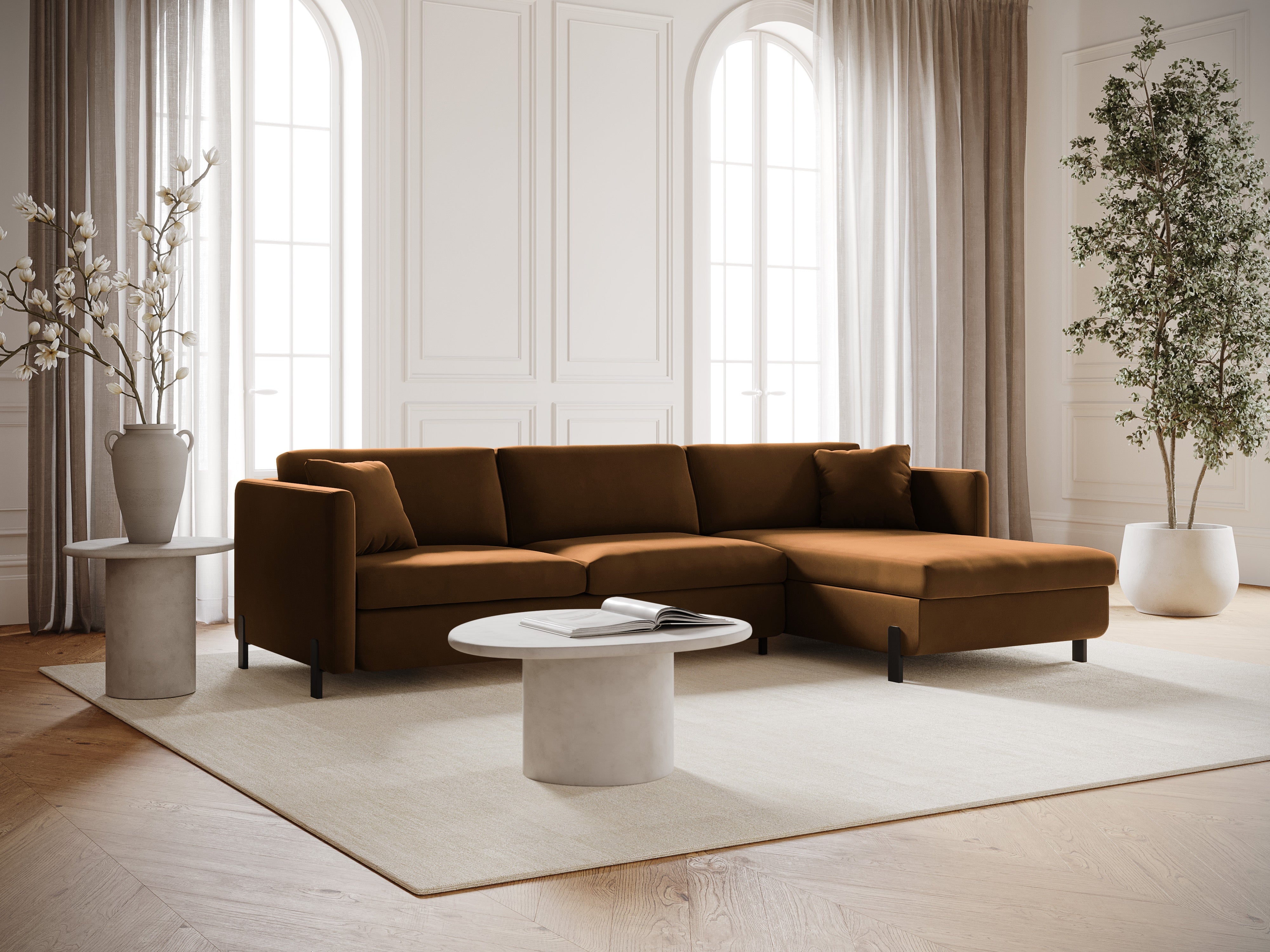 Right-facing velvet corner sofa with sleeping function GLORIA brown