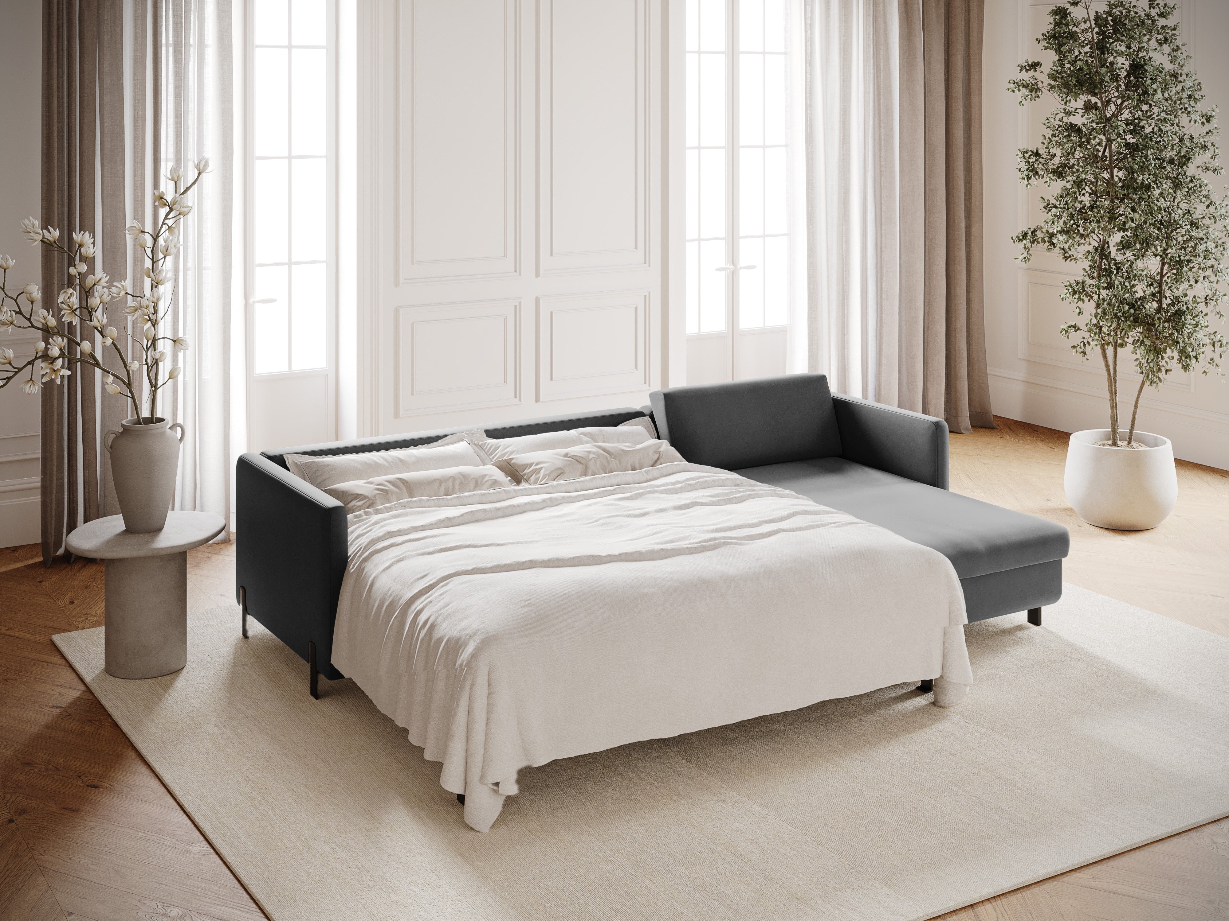 Sivý pravostranný sametový rohový gauč s funkciou spania GLORIA