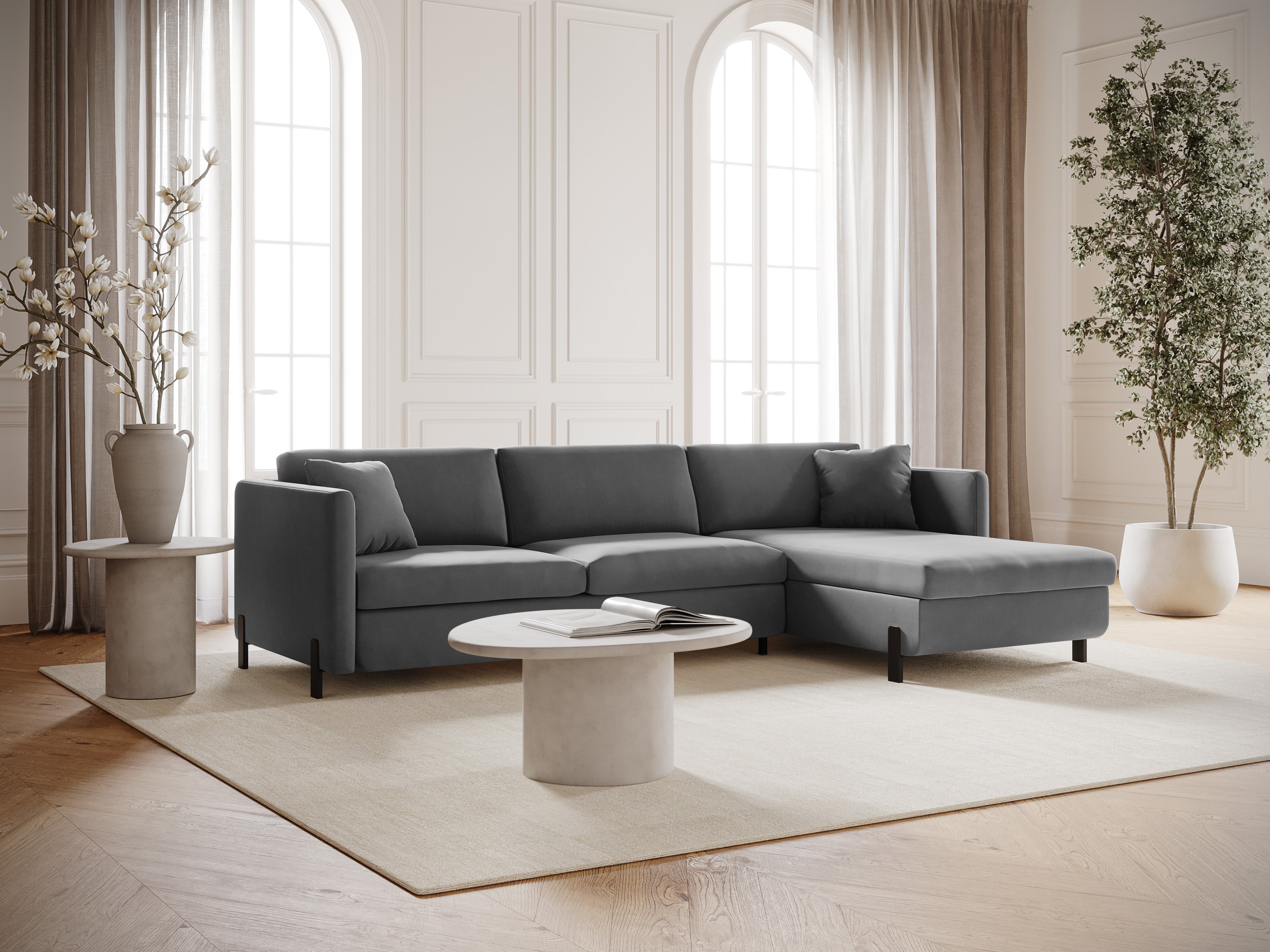 Right-facing velvet corner sofa with sleeping function GLORIA gray