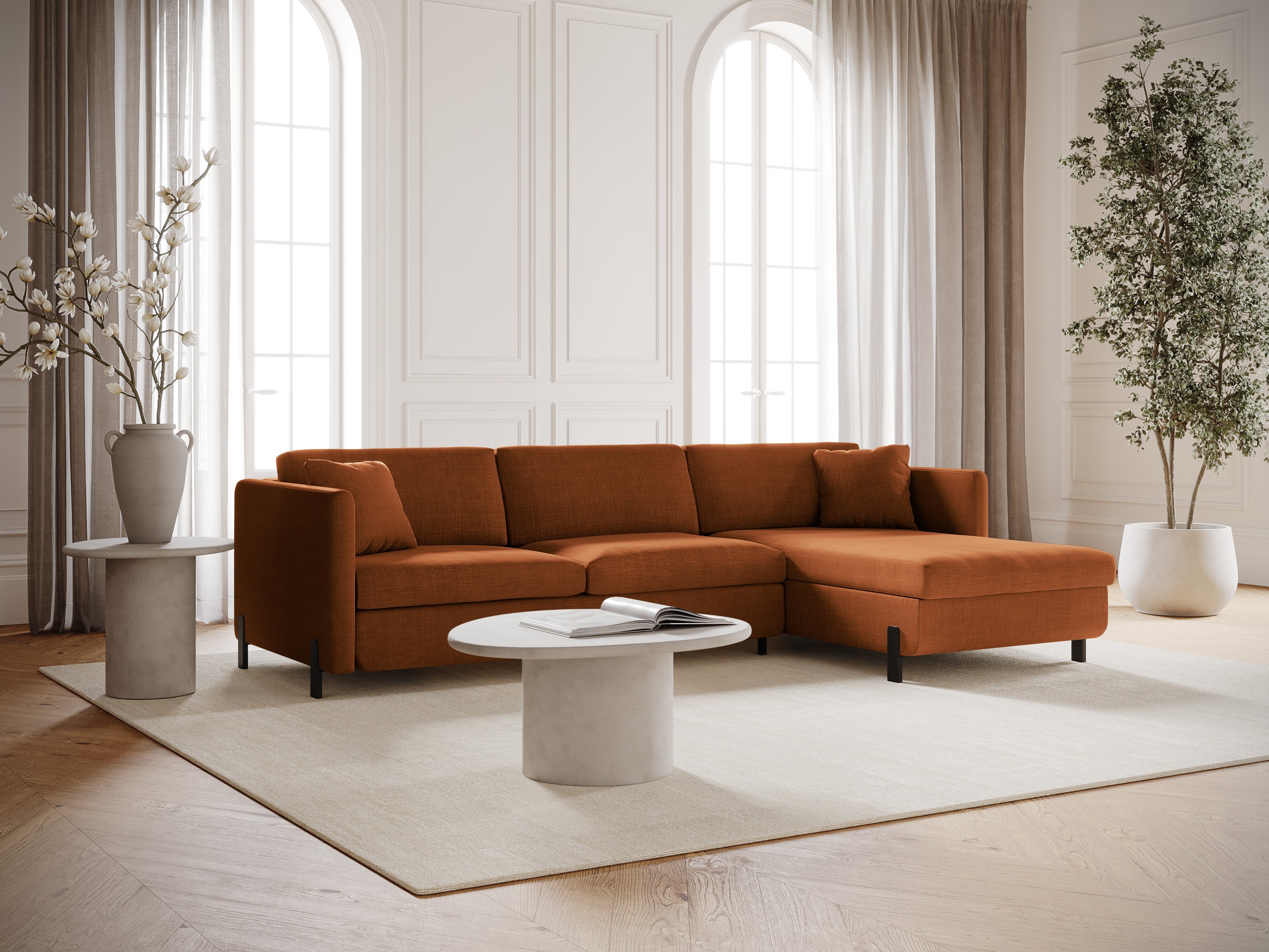 Right-facing corner sofa for 4 people with sleeping function GLORIA brick chenille