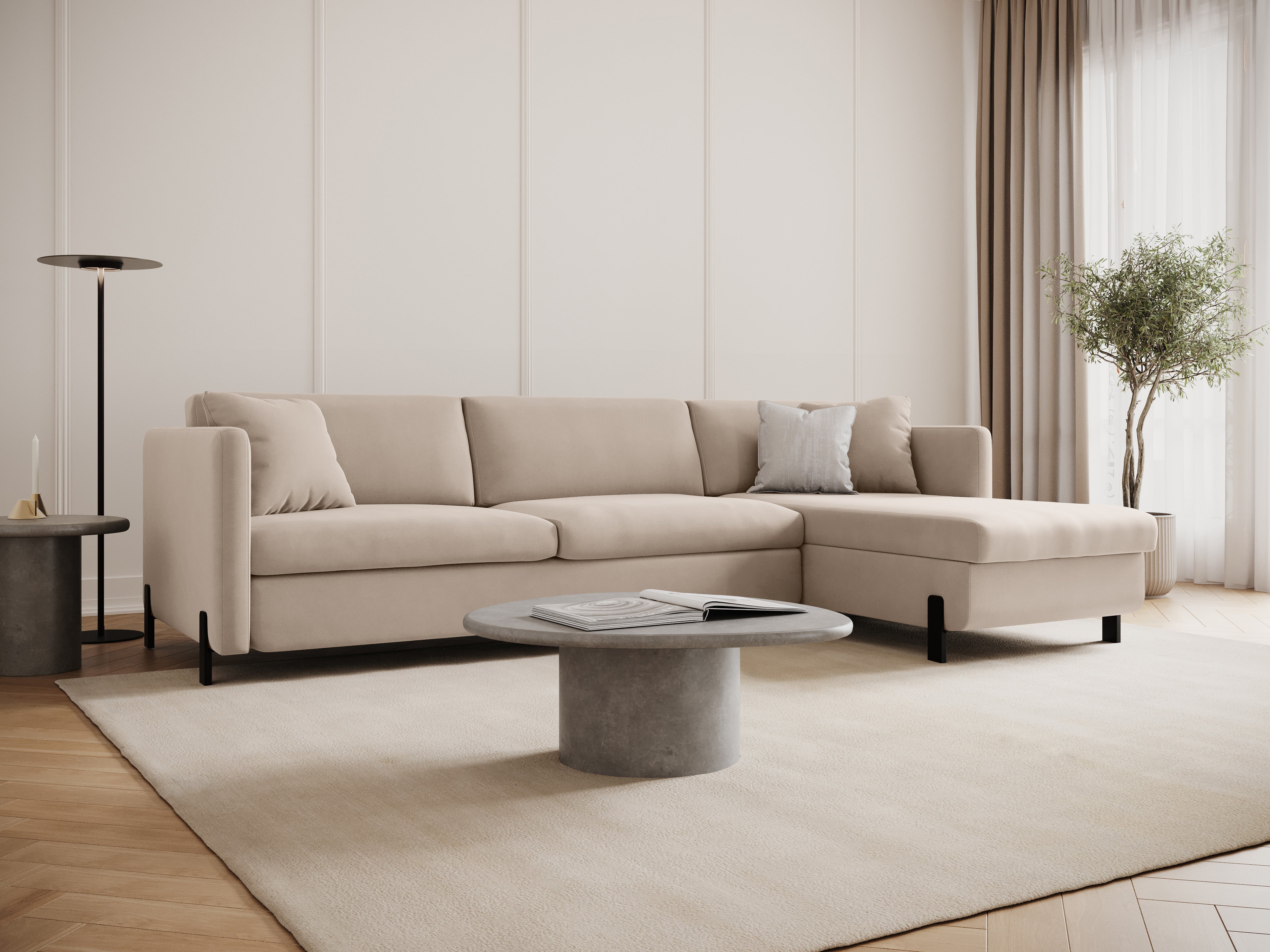 Right-facing velvet corner sofa for 4 people with sleeping function GLORIA beige