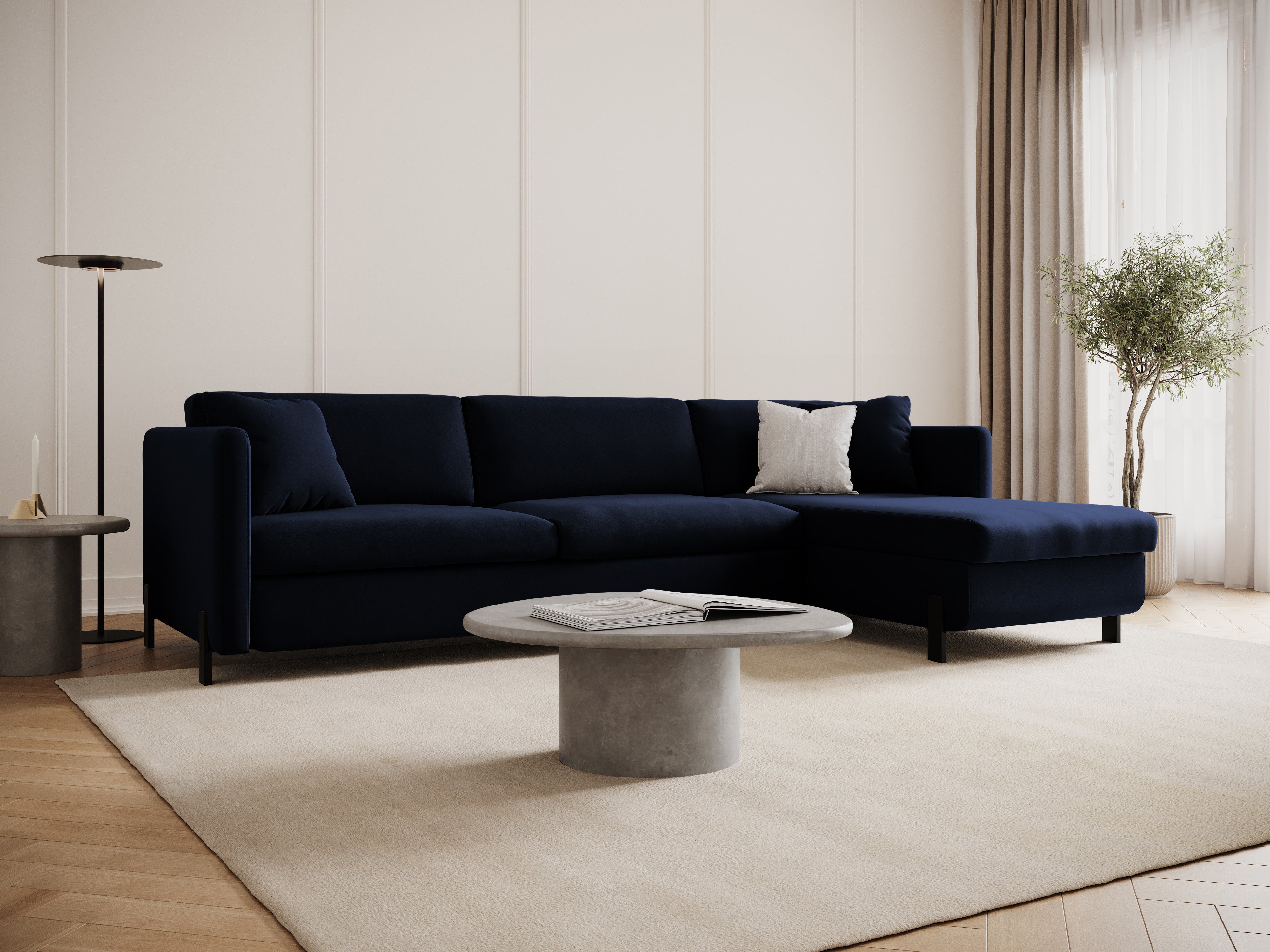 Right-facing velvet corner sofa for 4 people with sleeping function GLORIA royal blue