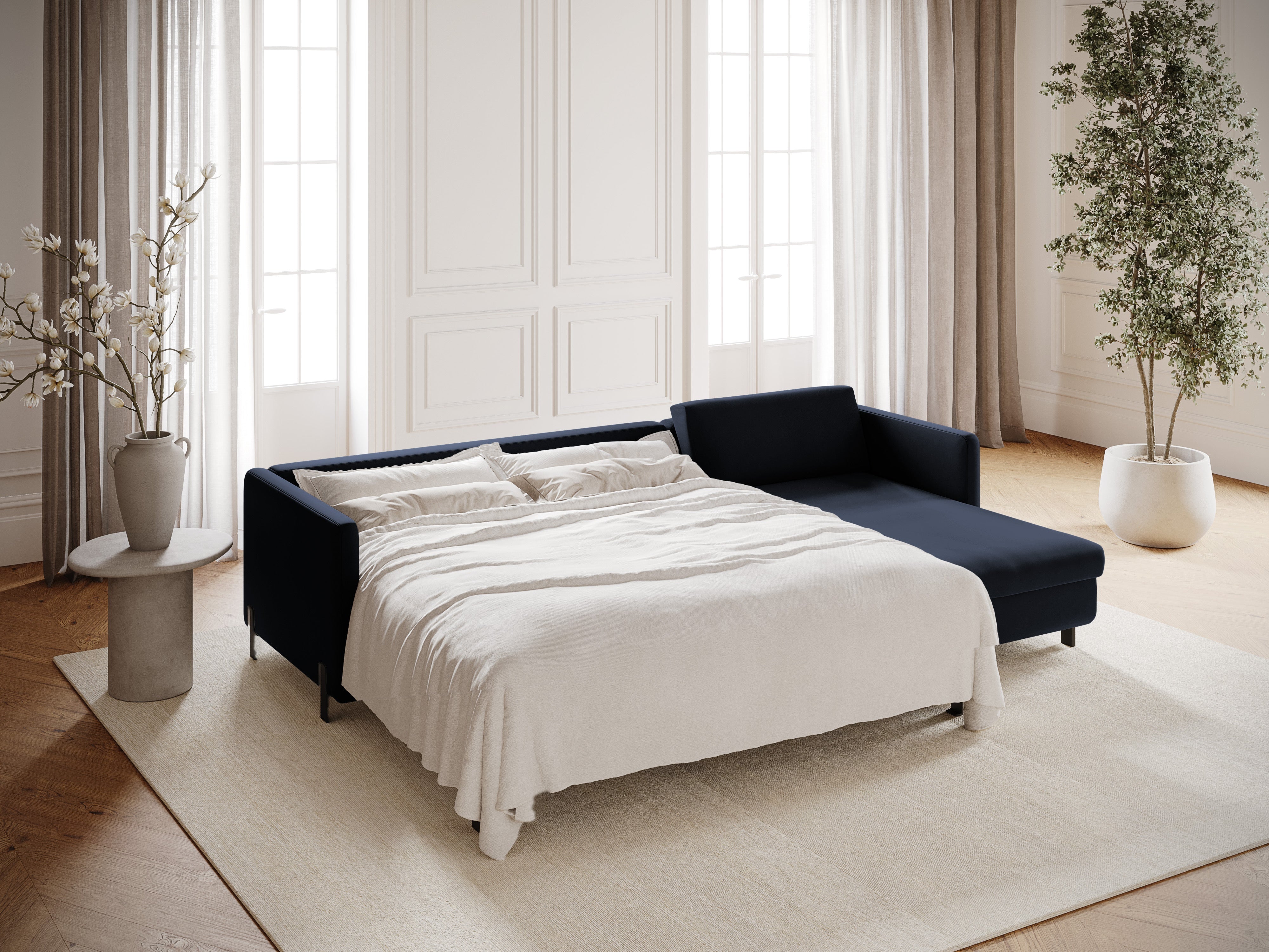 Right-facing velvet corner sofa for 4 people with sleeping function GLORIA royal blue