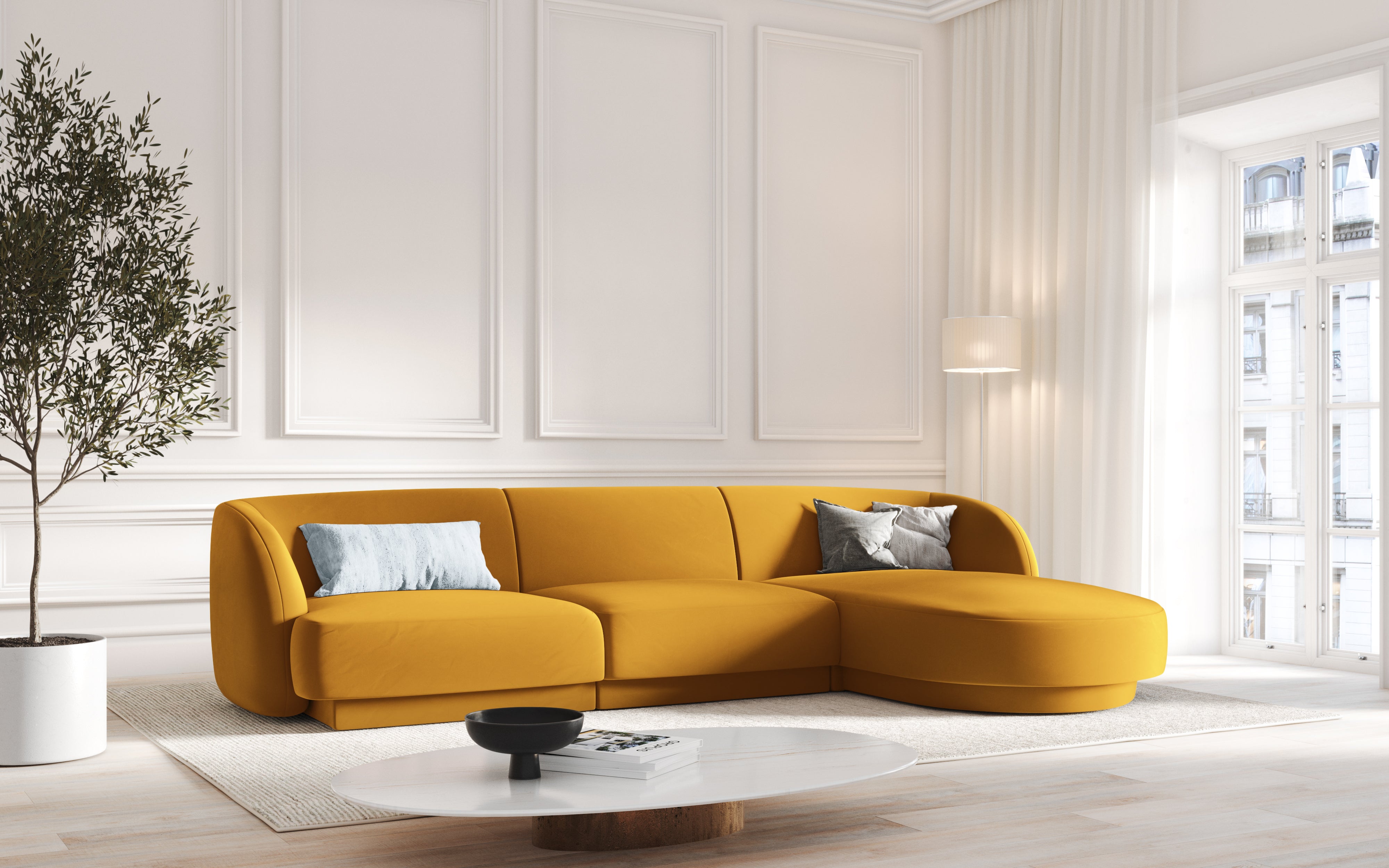 Narożnik aksamitny 4-osobowy prawostronny MILEY żółty Micadoni    Eye on Design