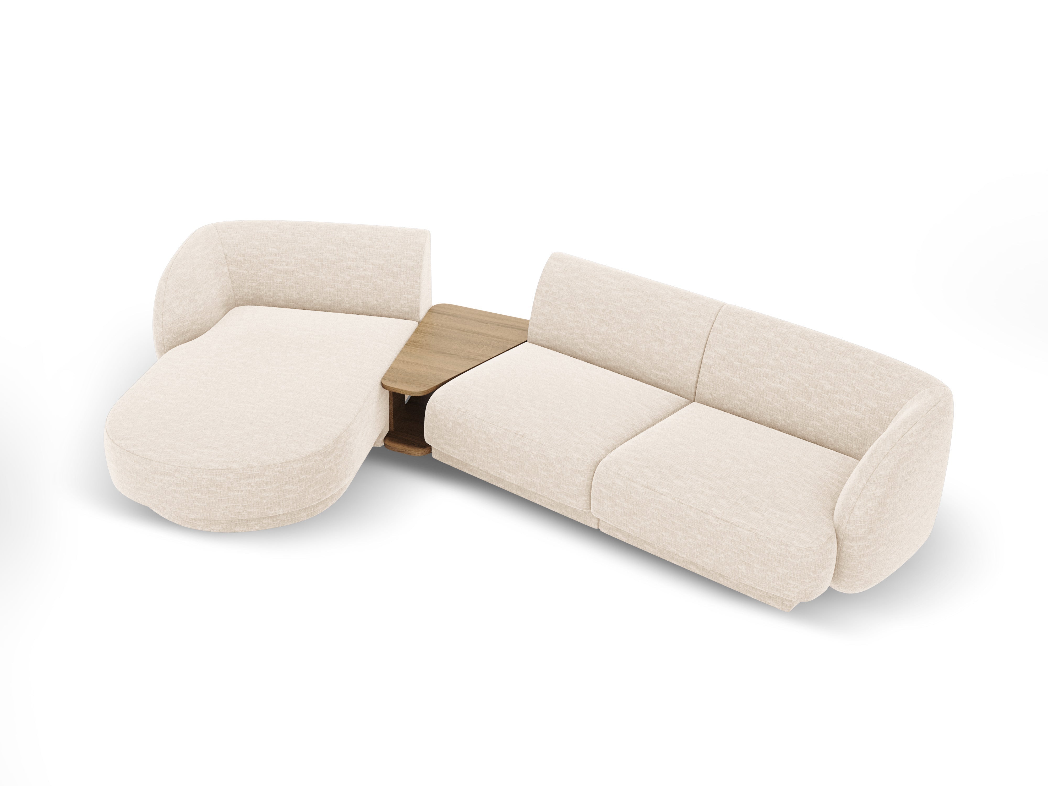 Modular corner sofa with table 3-seater left-sided MILEY light beige silky chenille