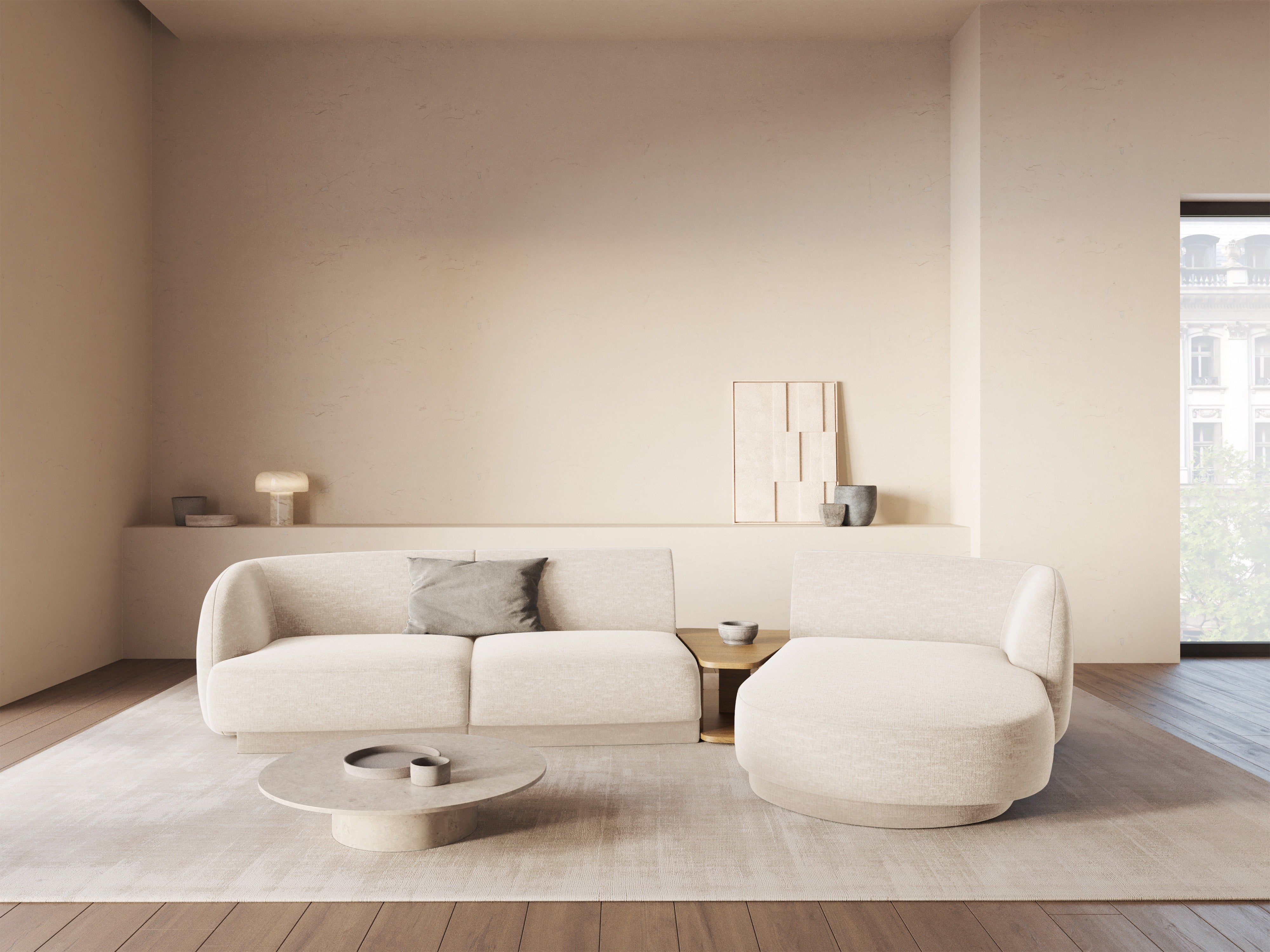 Modular corner sofa with table 3-seater right-hand MILEY light beige silky chenille