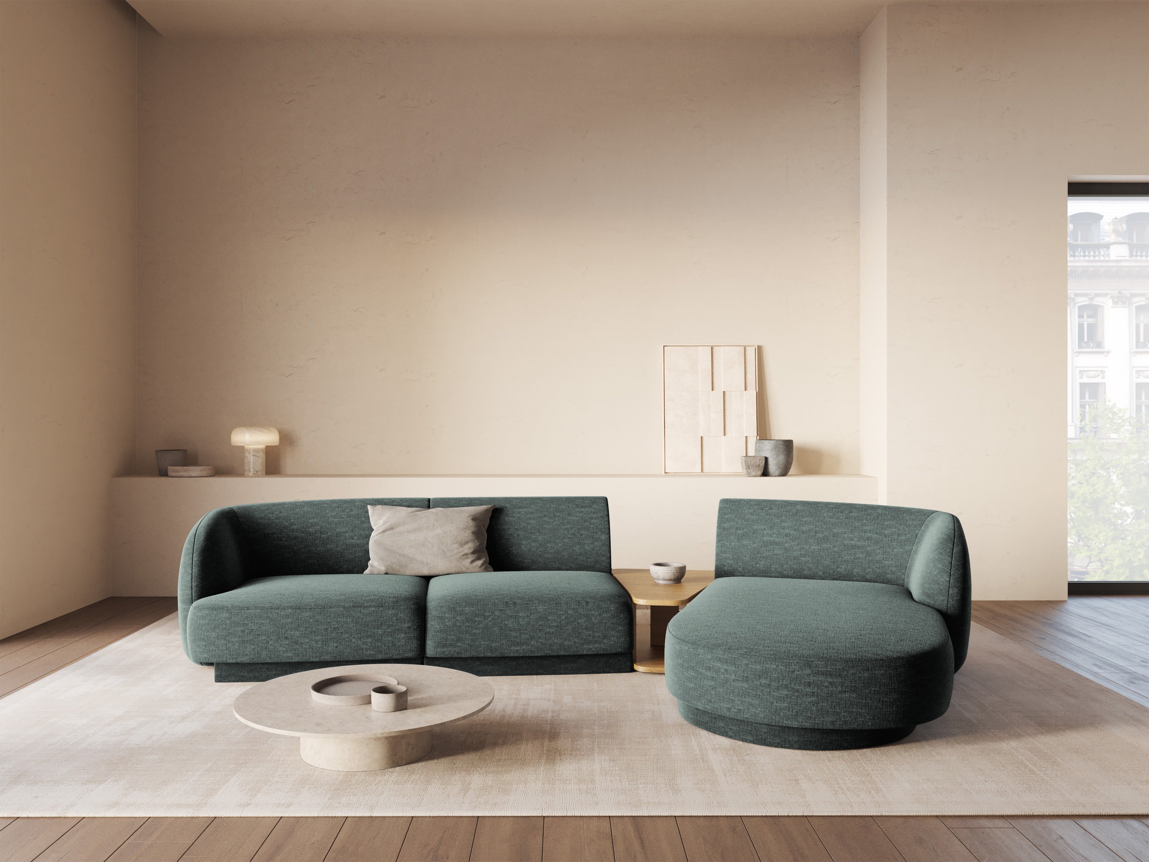 Modulový rohový gauč so stolíkom 3-osobový pravostranný MILEY petrol satenový šenil