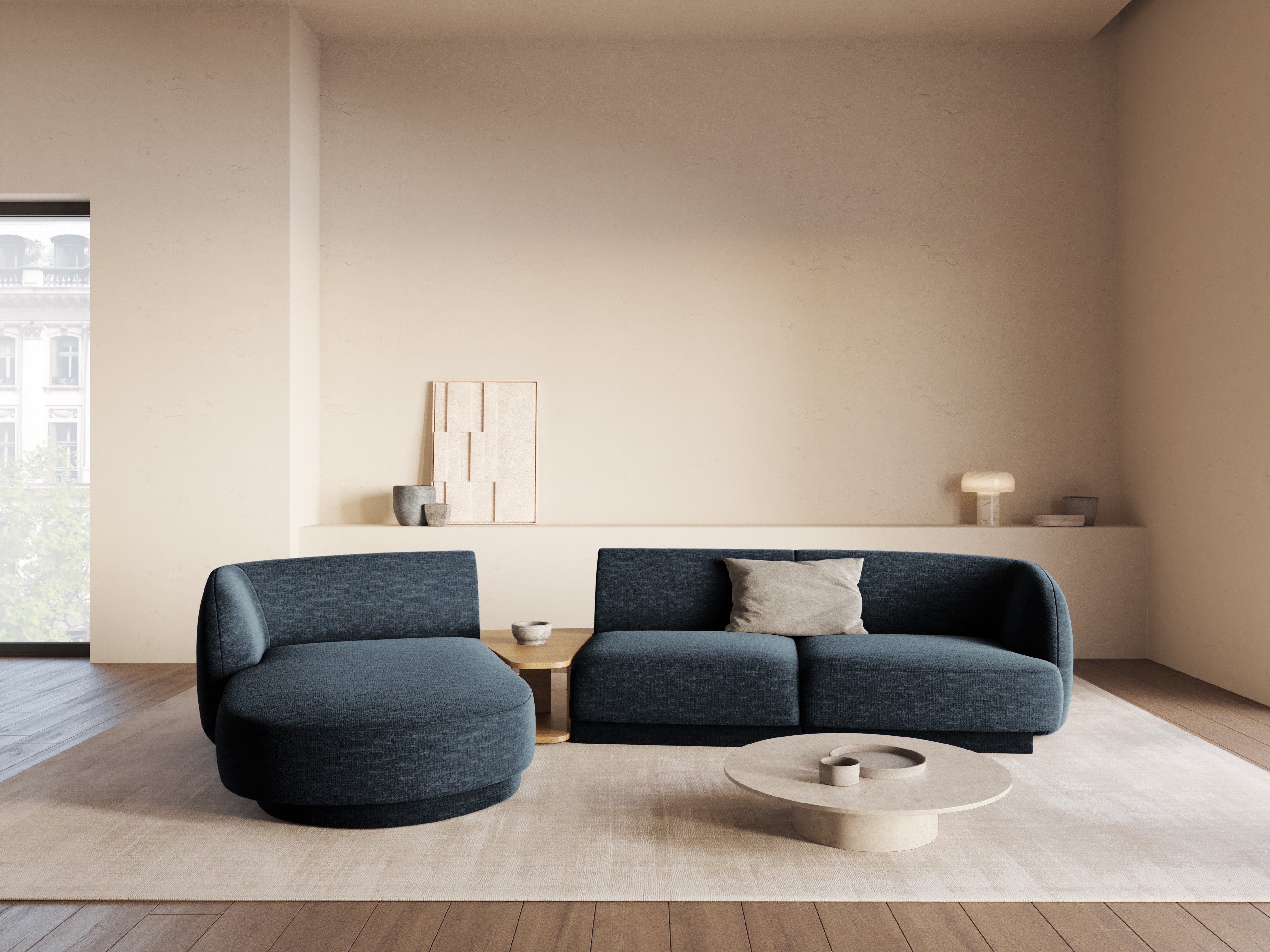 Modulový rohový gauč so stolíkom 3-miestny ľavostranný MILEY kráľovsky modrý šenilový satén